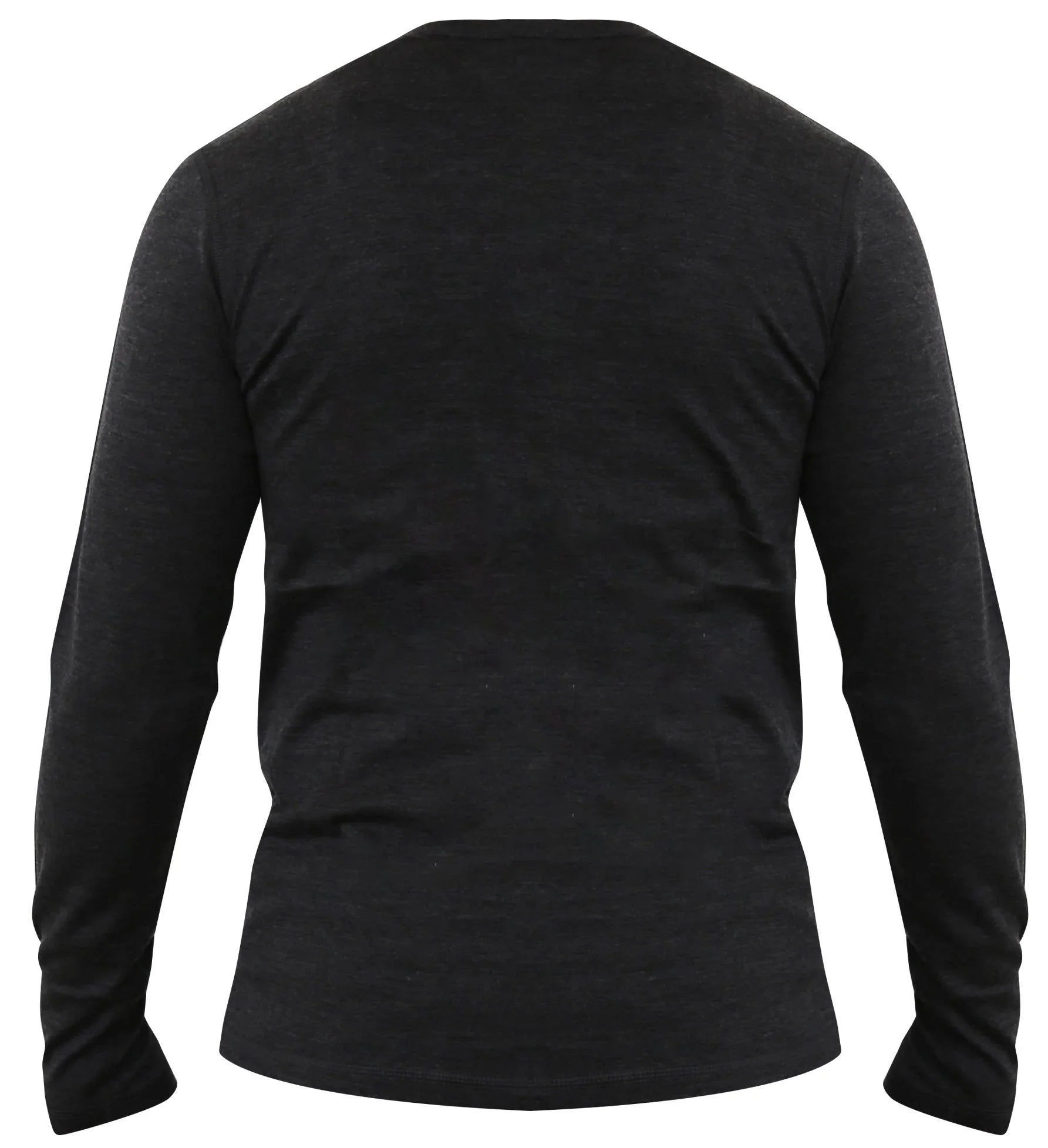 Back view of men's black merino wool long sleeve Henley shirt
