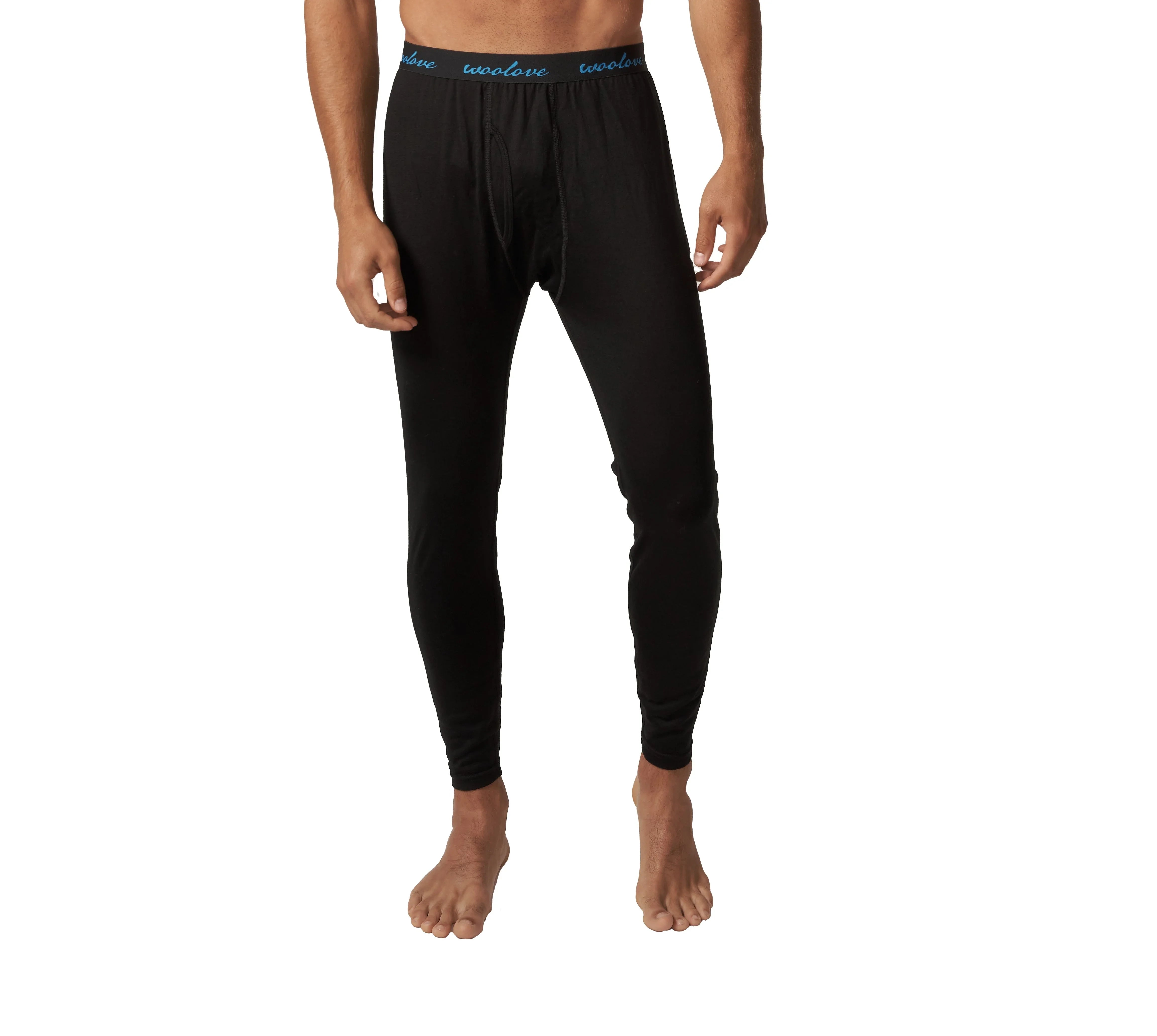 Men's black merino wool leggings with blue waistband on model, front view