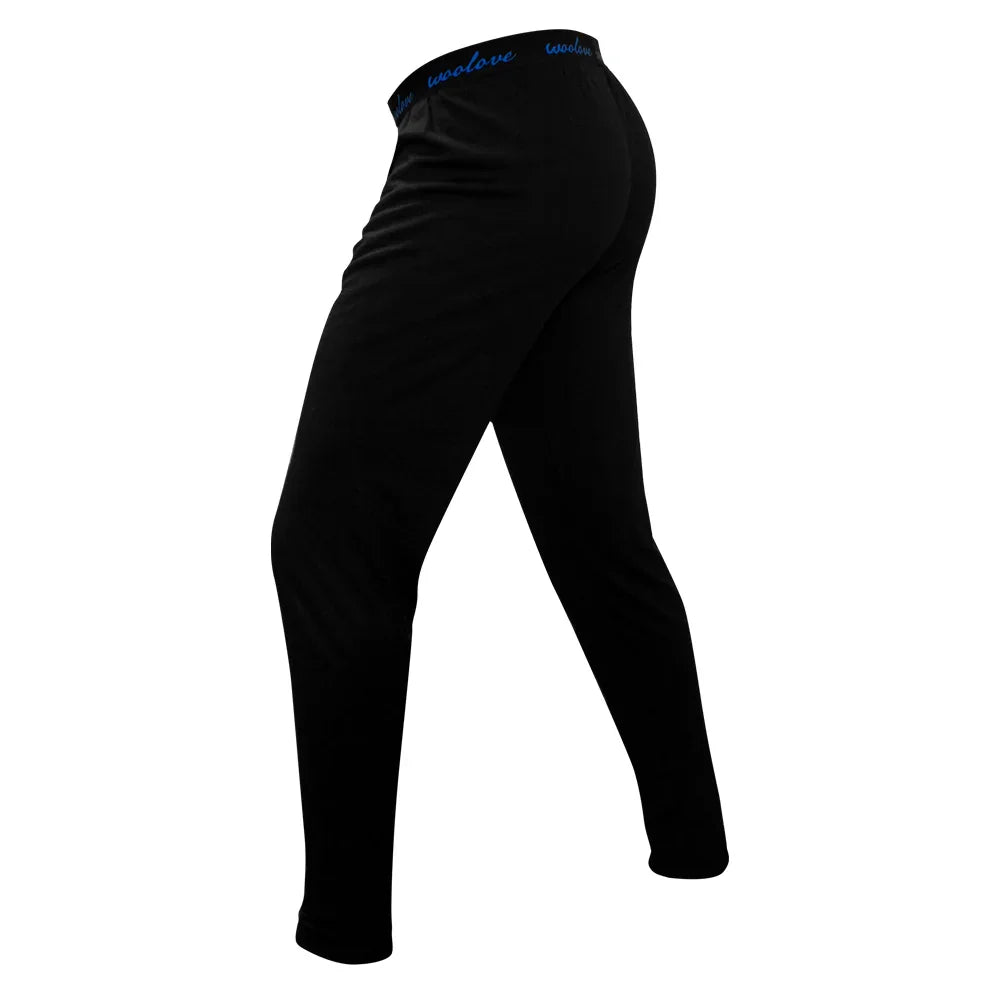 Men's black merino wool base layer leggings with blue waistband lettering, side view