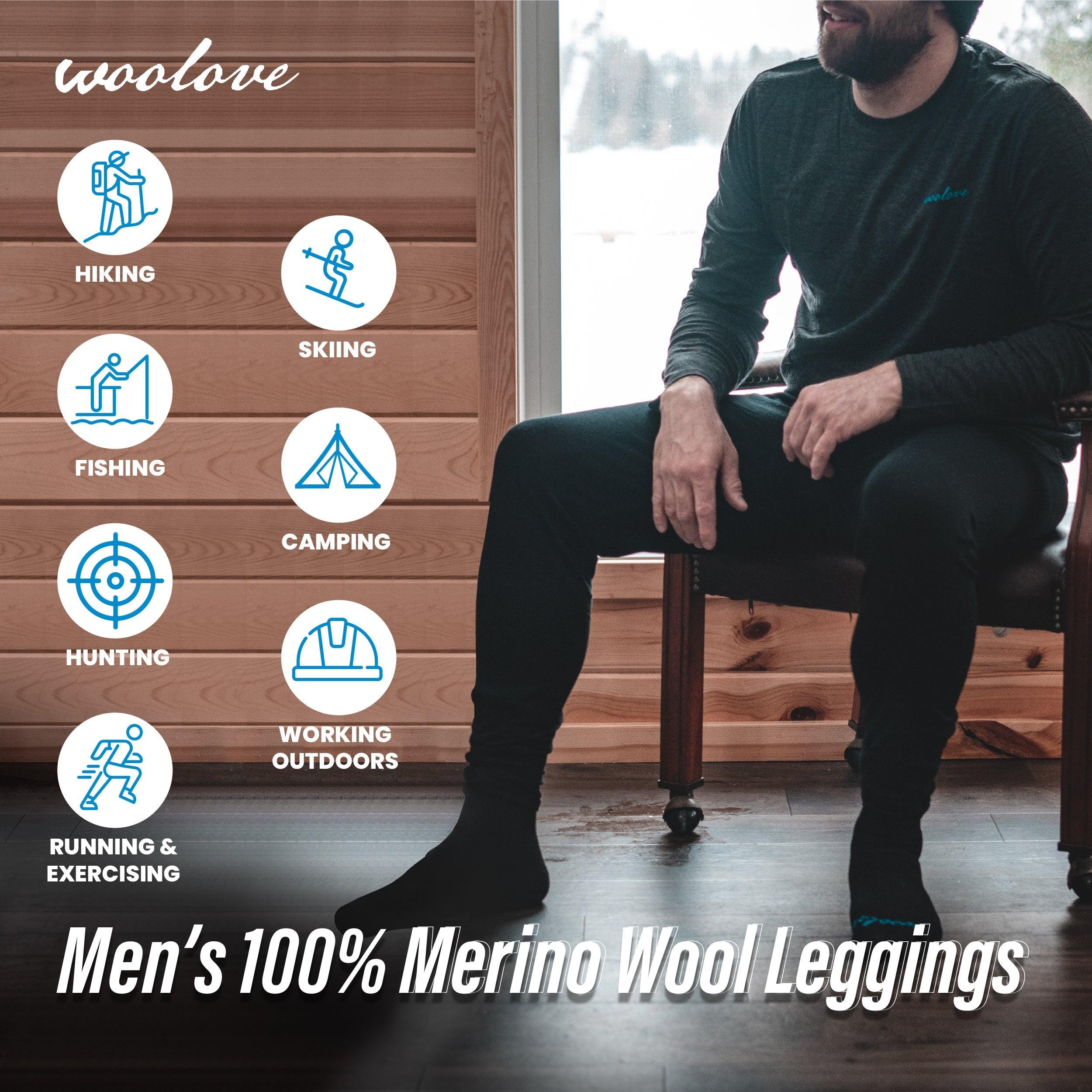 Infographic showing man wearing Woolove men's 100% Merino wool leggings, benefits for hiking, skiing, fishing, camping, hunting, working outdoors, running and exercising.