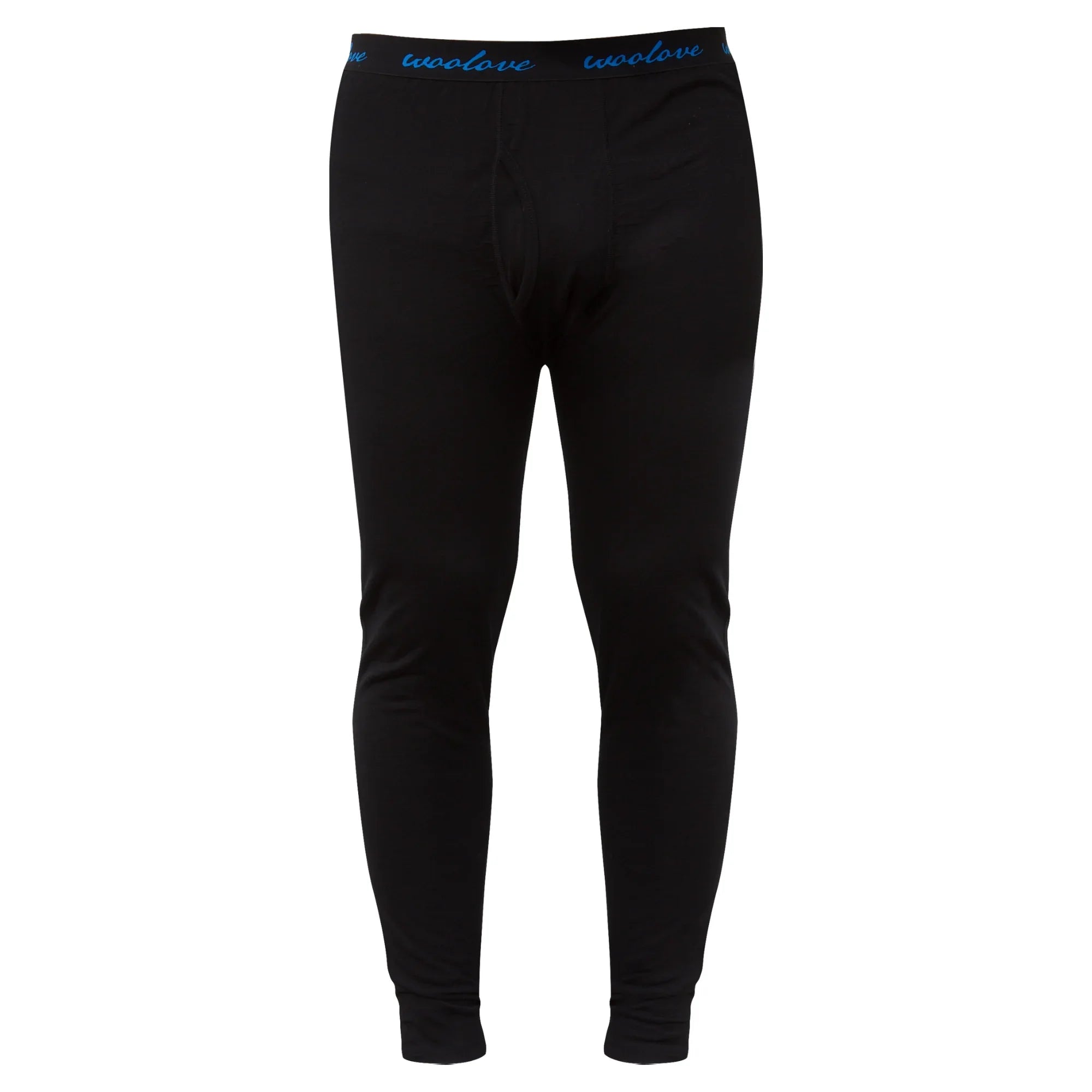 Men's black merino wool thermal pants with blue waistband, front view