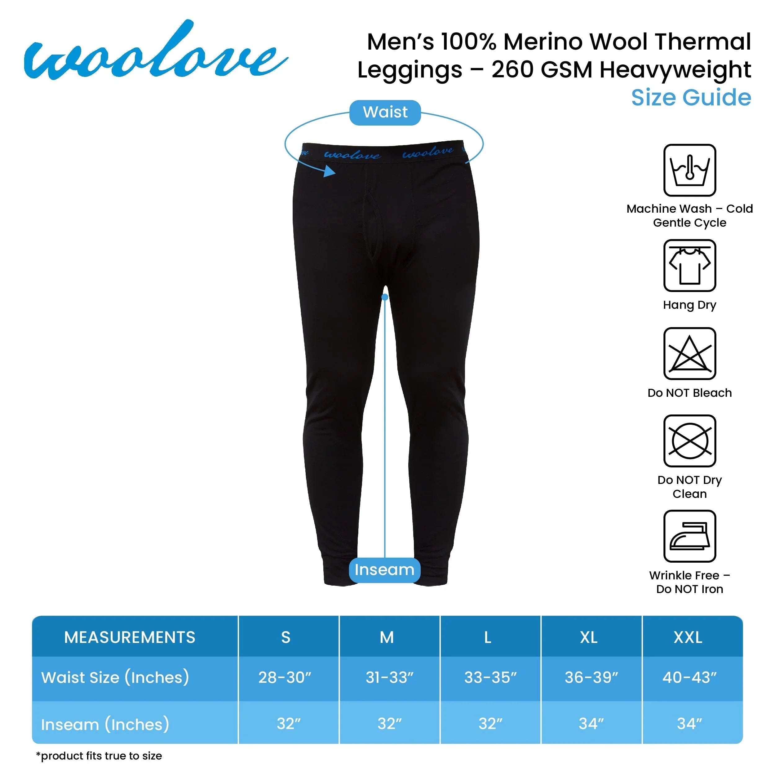 Men's 100% merino wool thermal leggings size guide with care instructions