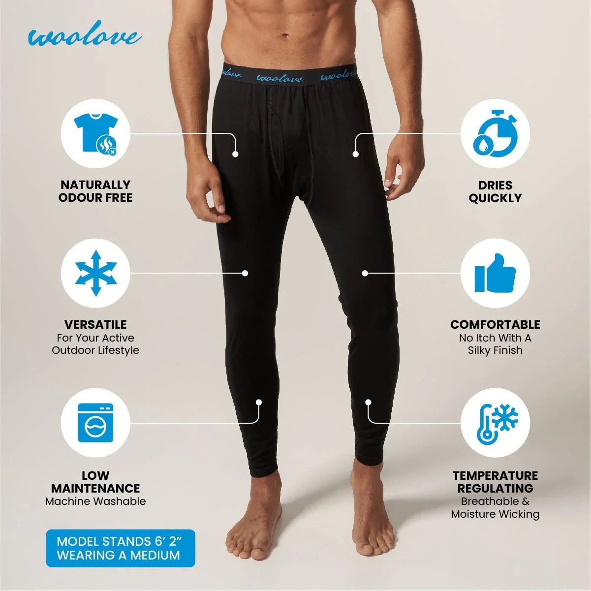 Man wearing black men's merino wool long underwear base layer leggings, product features listed.