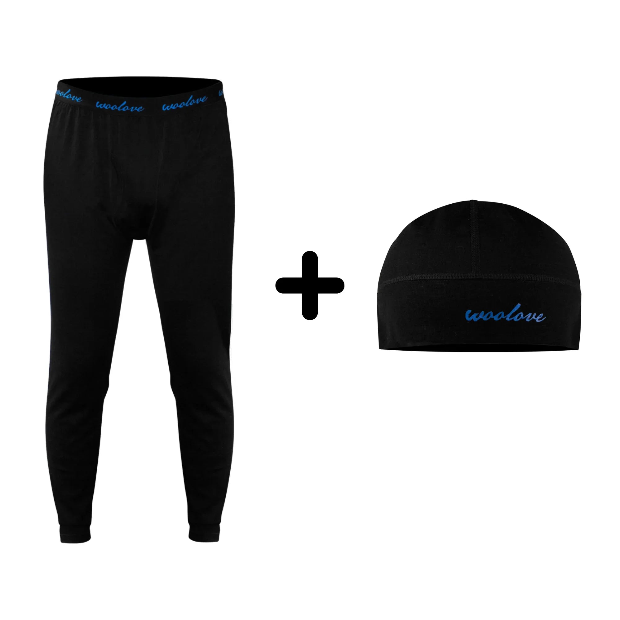 Black Woolove leggings and beanie set on white background