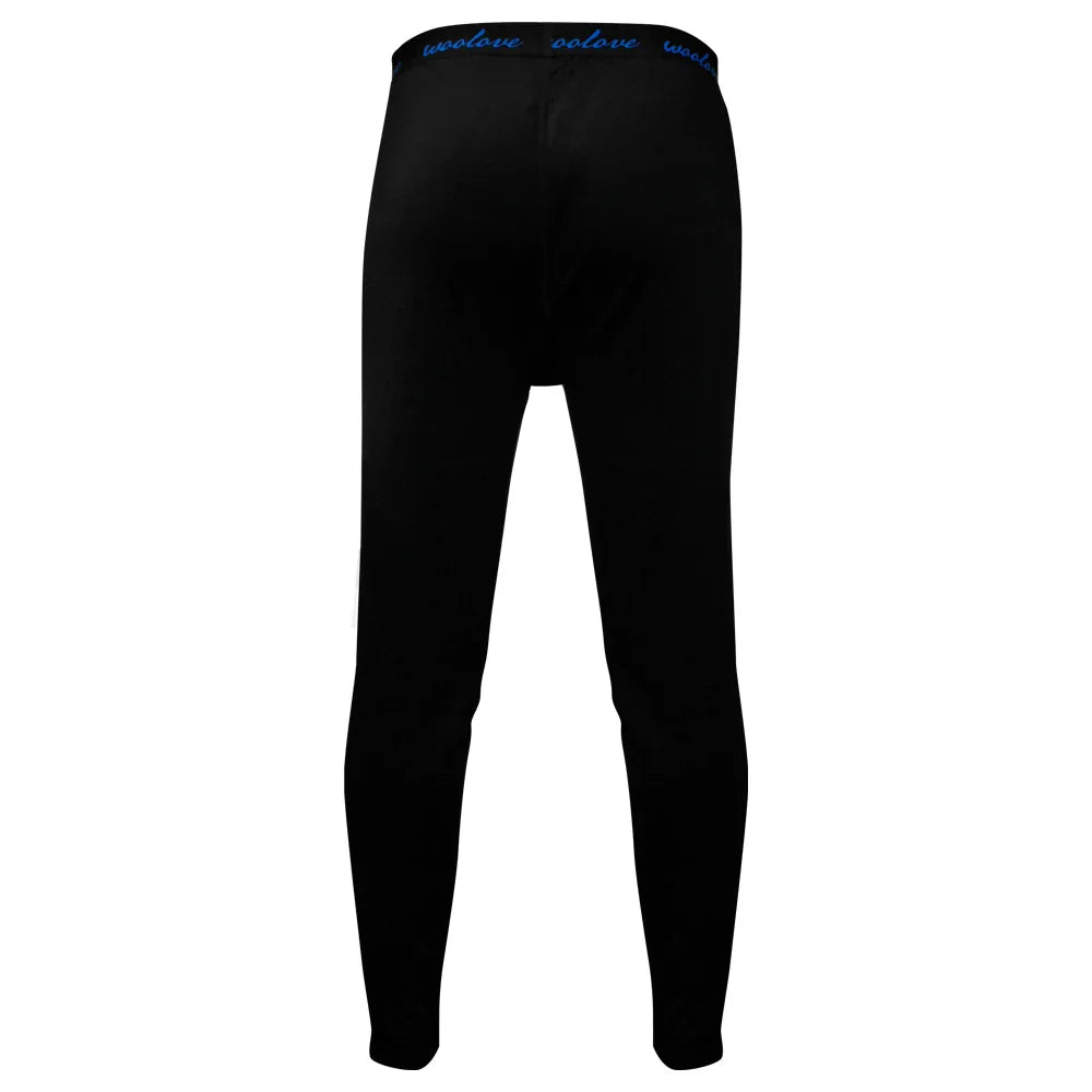 Men's black 100% merino wool long underwear base layer leggings, rear view