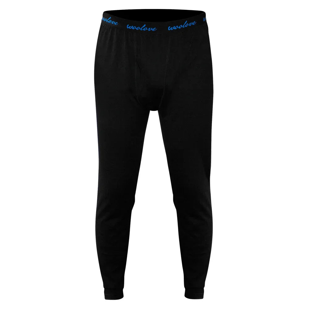 Men's black 100% merino wool long underwear leggings with elastic waistband