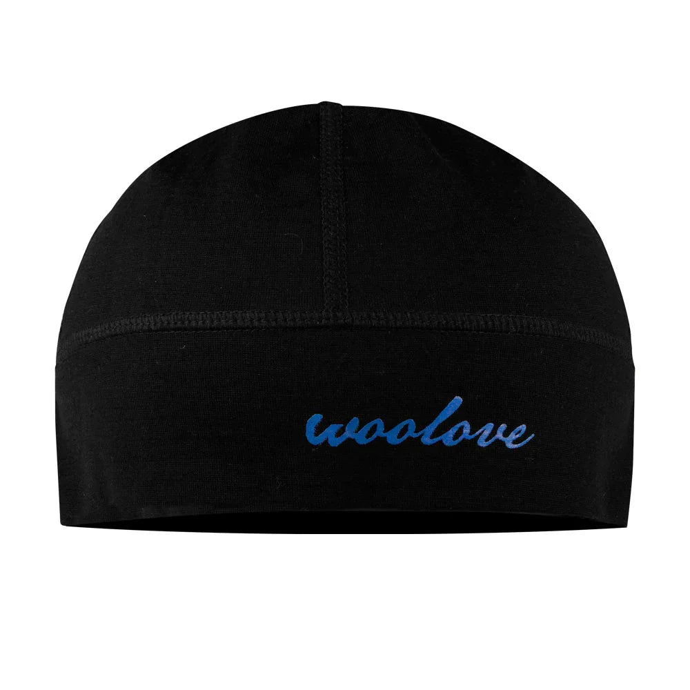 Black Woolove beanie with blue embroidered logo on plain white background