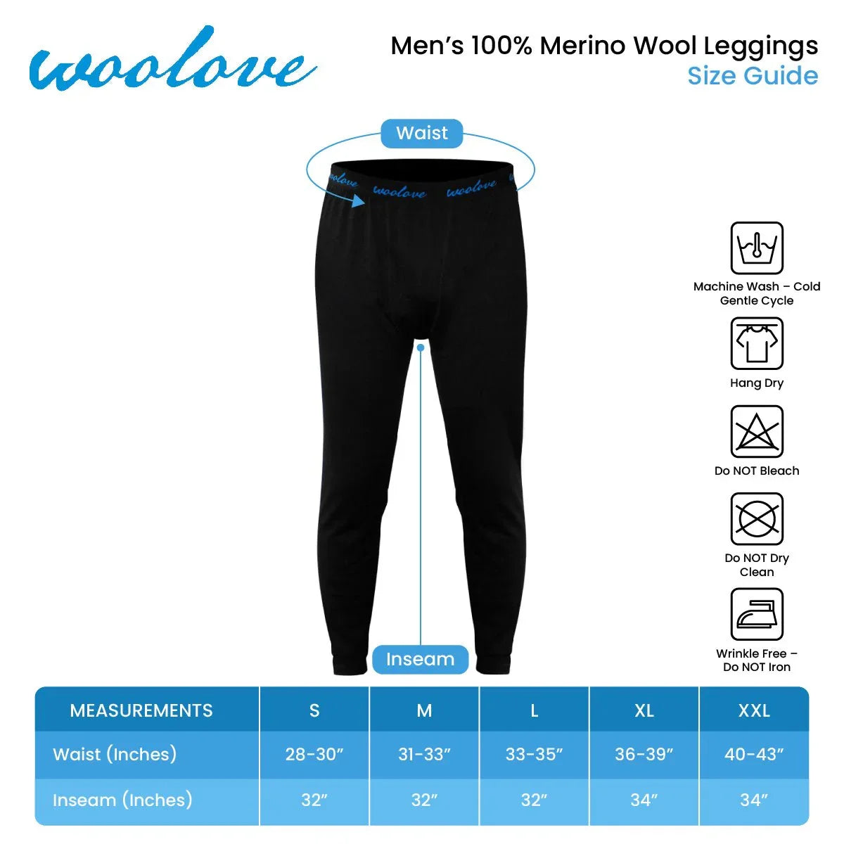 Men’s 100% merino wool long underwear leggings size guide with care instructions