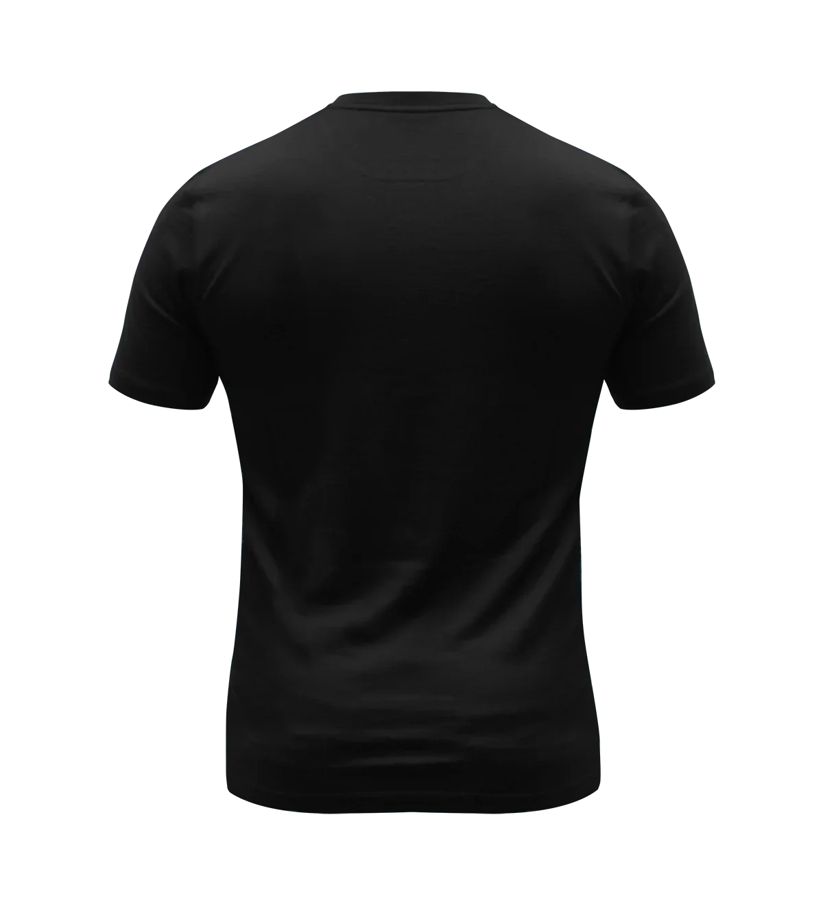 Men's black merino wool short sleeve T-shirt, back view on plain background