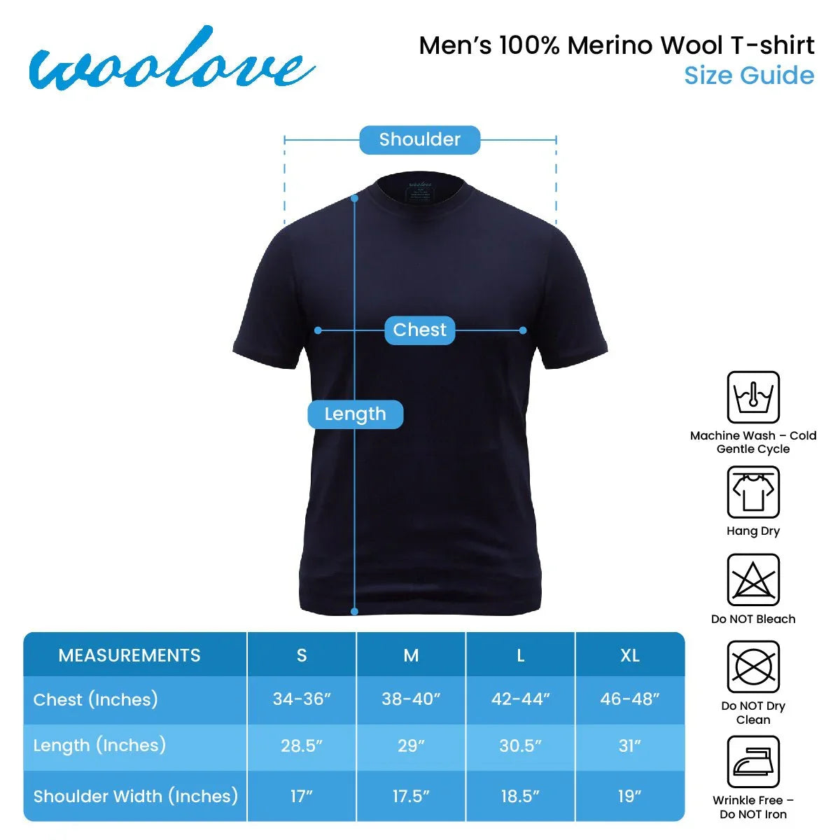 Men’s 100% Merino wool T-shirt size guide with measurements, care icons, and dark shirt image