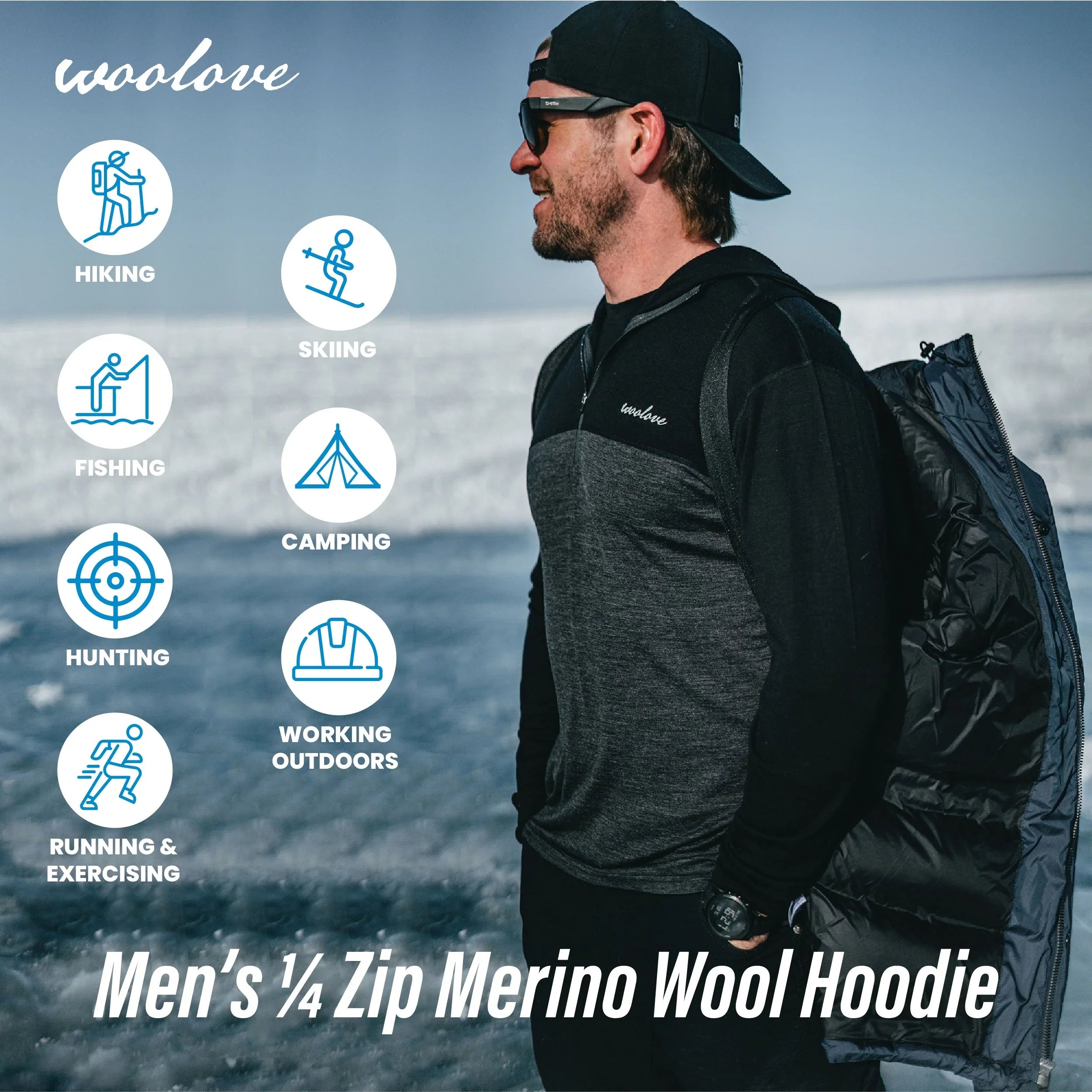 Man outdoors in Woolove men's 1/4 zip Merino wool hoodie, activity icons for hiking, skiing, fishing, camping, hunting, working outdoors, running.