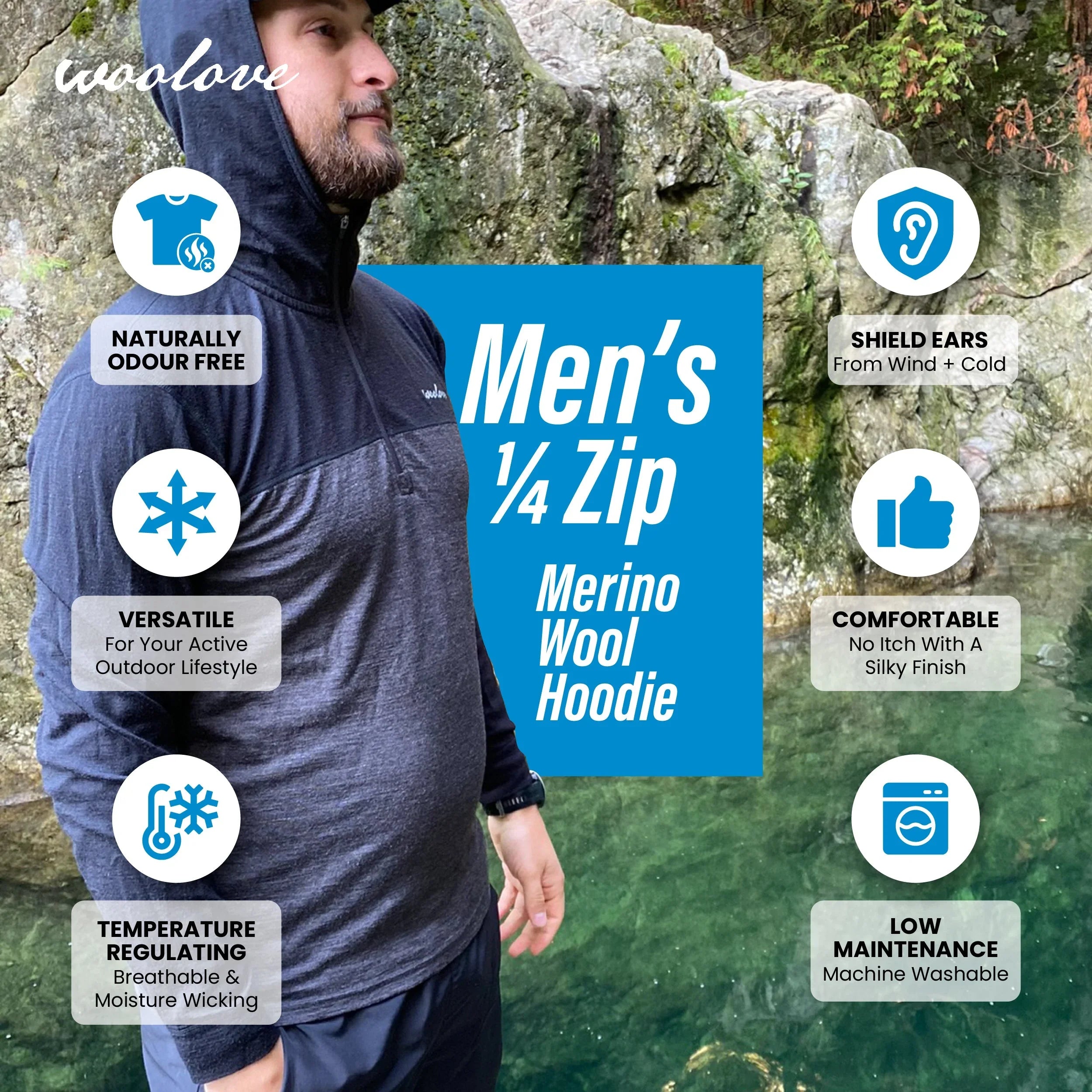 Man outdoors wearing men's 1/4 zip merino wool hoodie, infographic highlighting features.