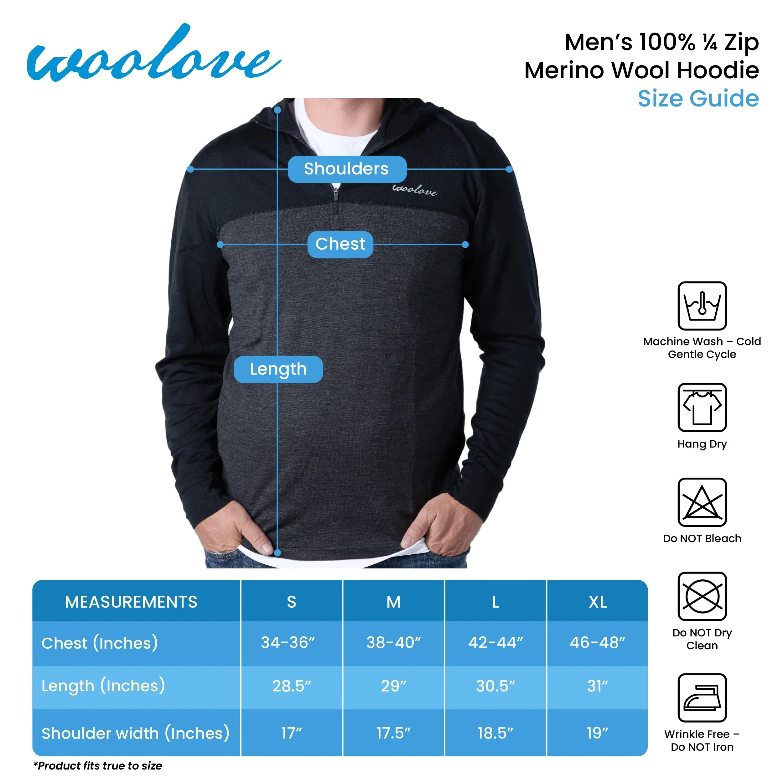 Men’s 100% Merino wool hoodie size guide infographic with measurements chart and care icons.
