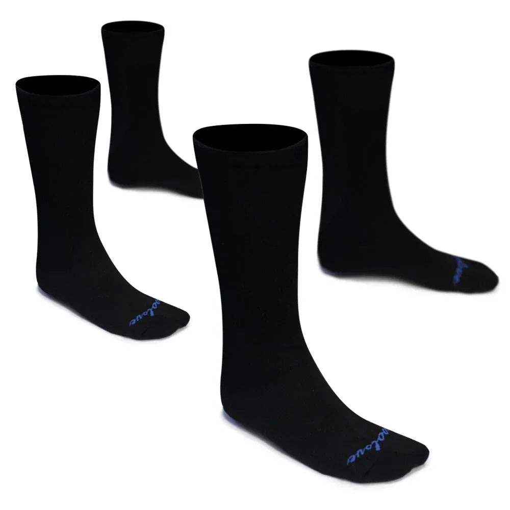 Four pairs of black Woolove socks with blue logo on white background