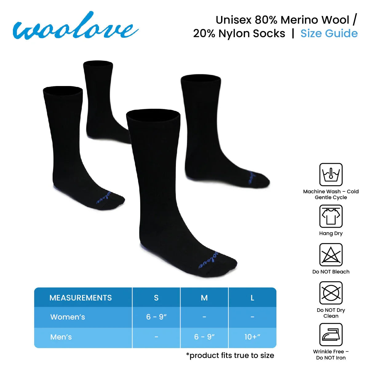 Woolove unisex black merino wool socks size guide with care icons and sizing chart