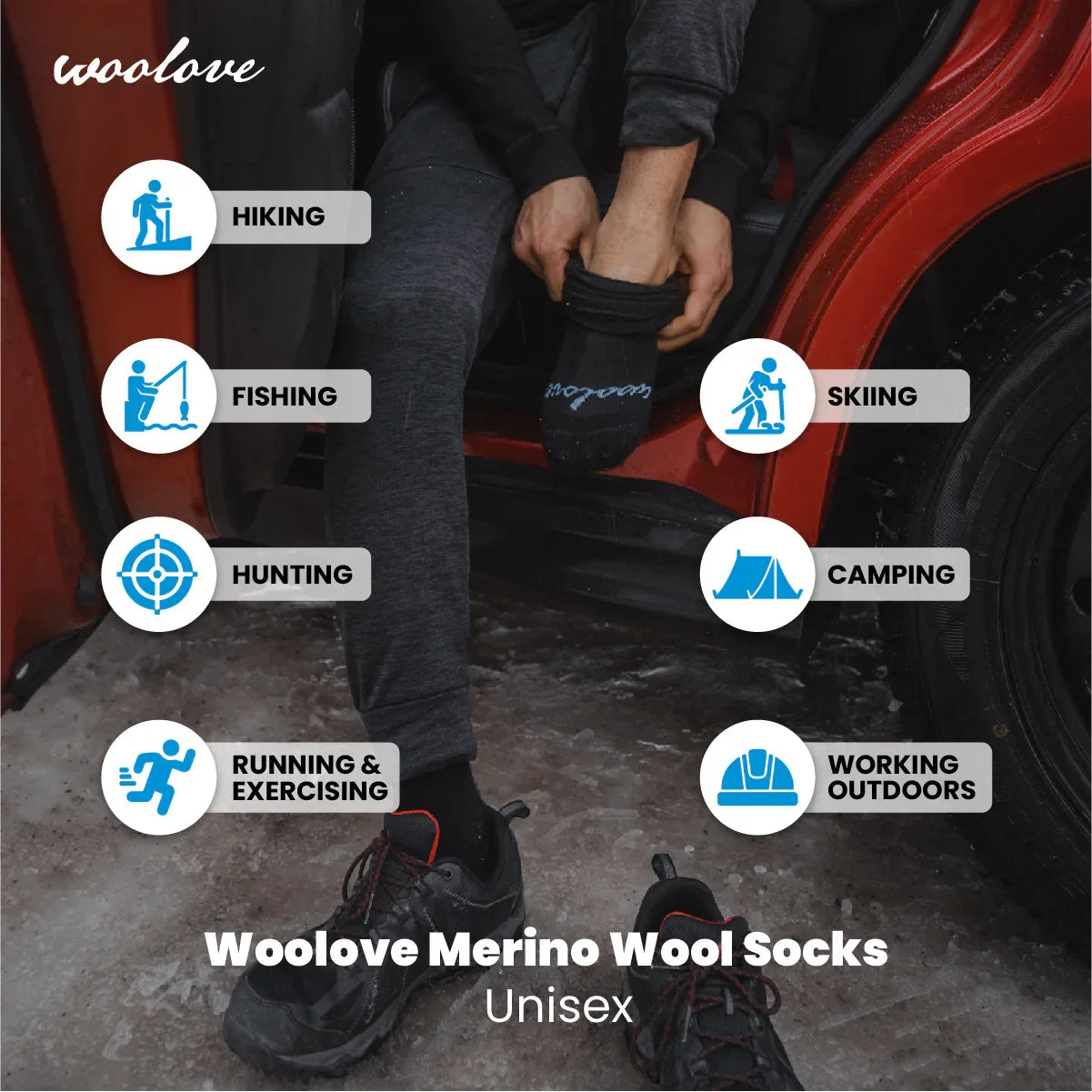 Person wearing Woolove Merino wool socks by a car, suitable for hiking, skiing, camping, fishing.