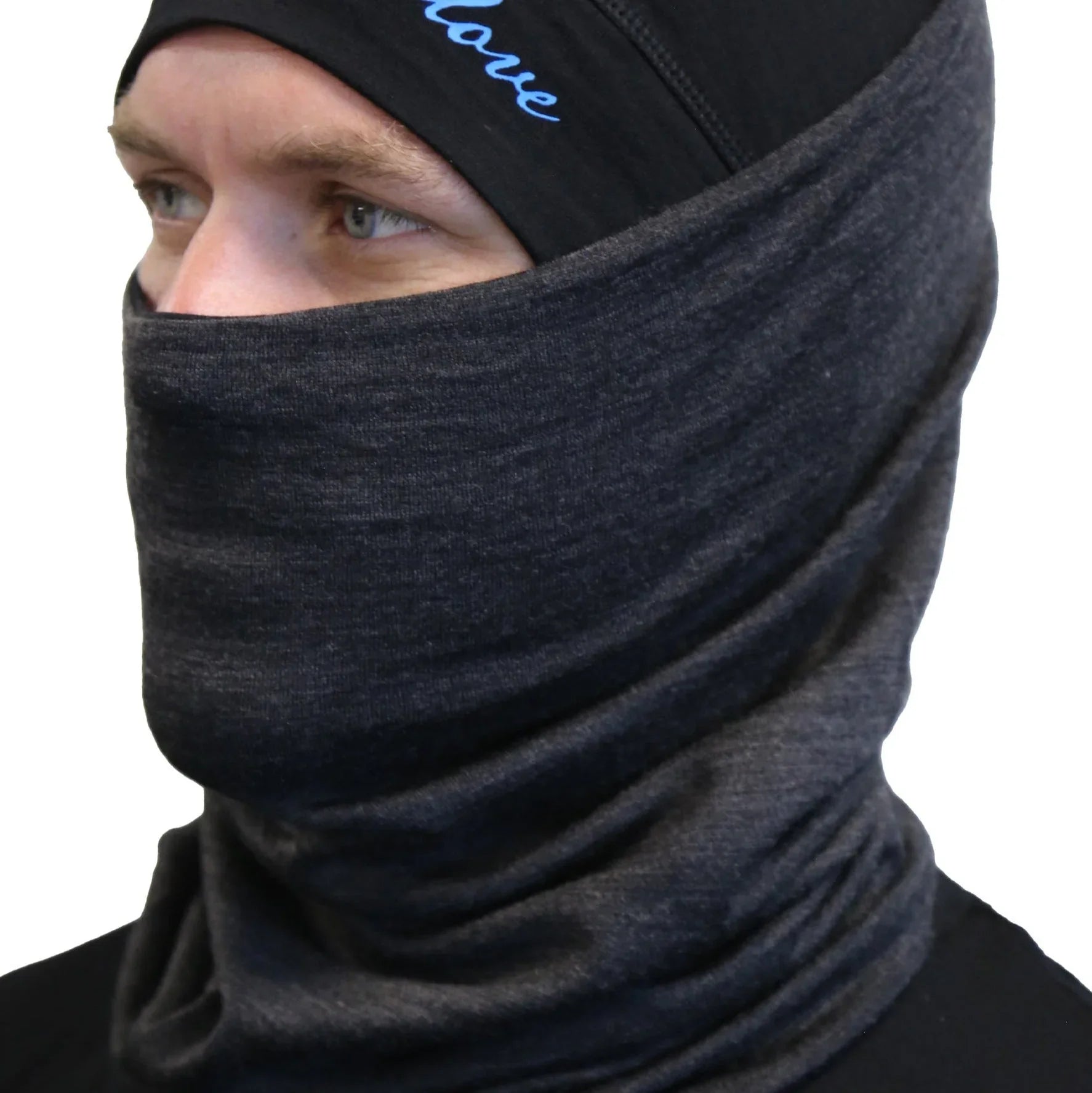 Man wearing dark grey neck gaiter for face and neck protection