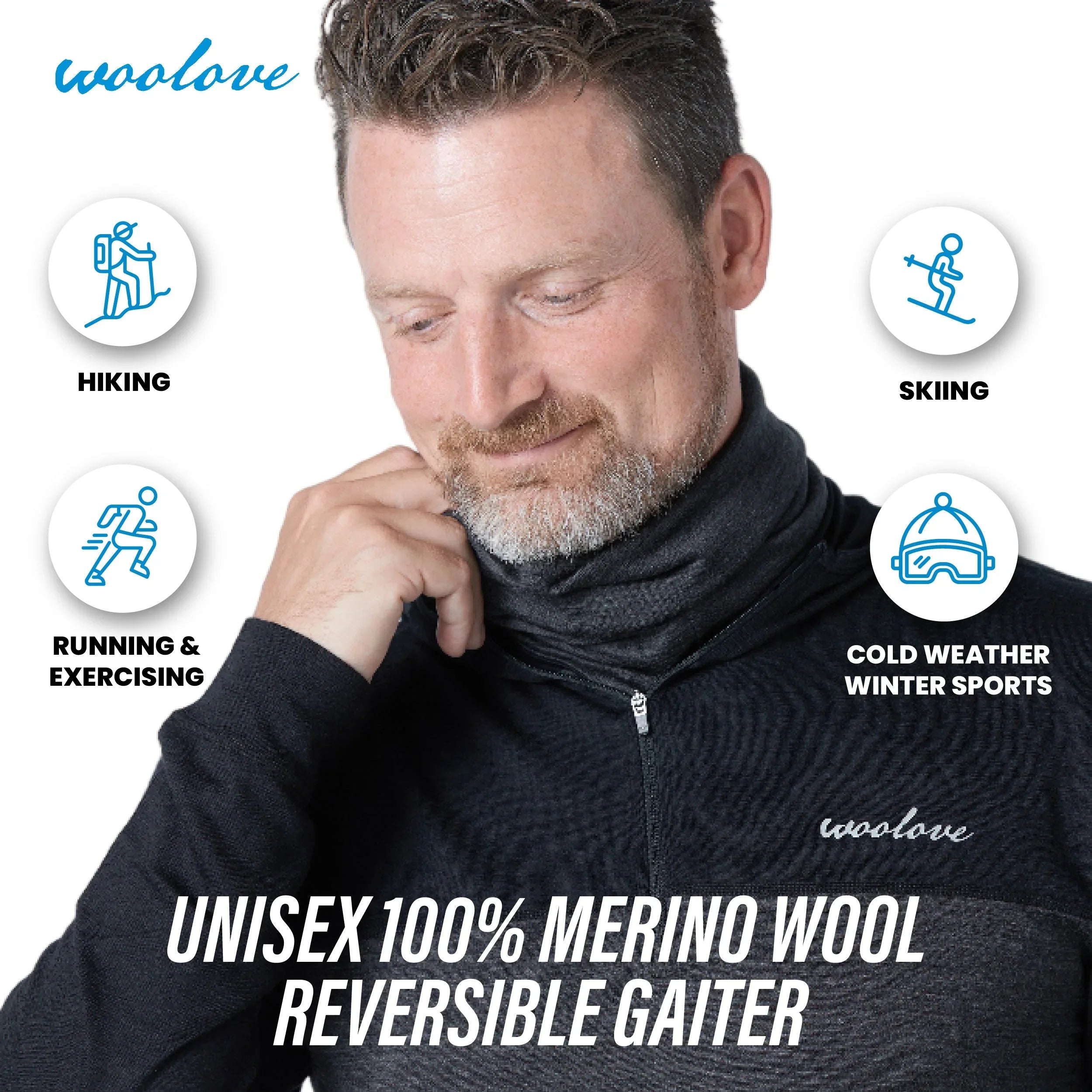 Man wearing unisex 100% merino wool reversible gaiter for hiking, skiing, and winter sports