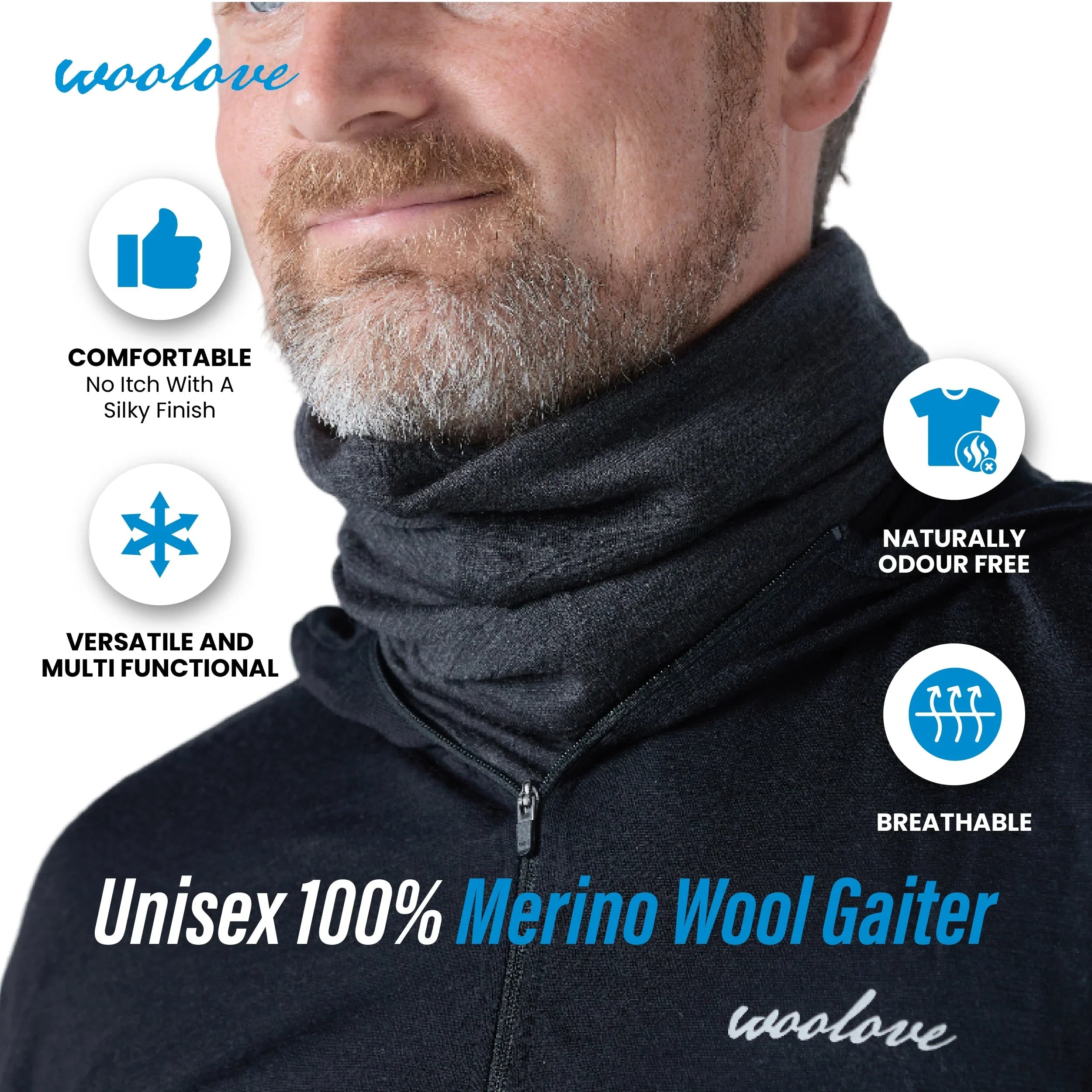 Unisex 100% Merino wool gaiter by woolove, comfortable, breathable, odor-free, versatile