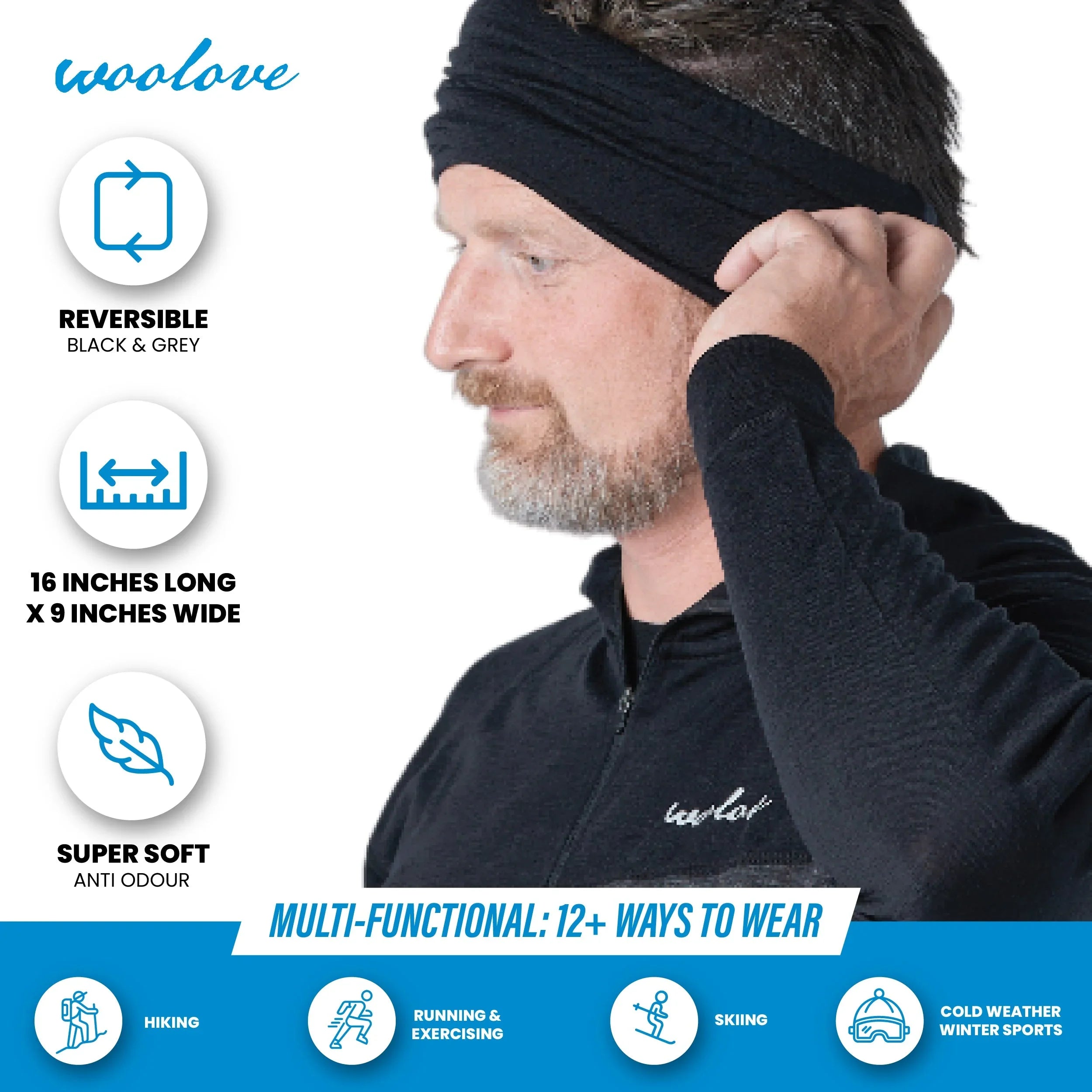 Man wearing Woolove reversible black and grey headband, infographic highlights super soft, odor-resistant, multi-functional headwear for hiking, running, skiing, and winter sports.
