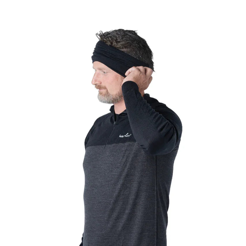 Man wearing black headband and dark zip-up shirt on white background
