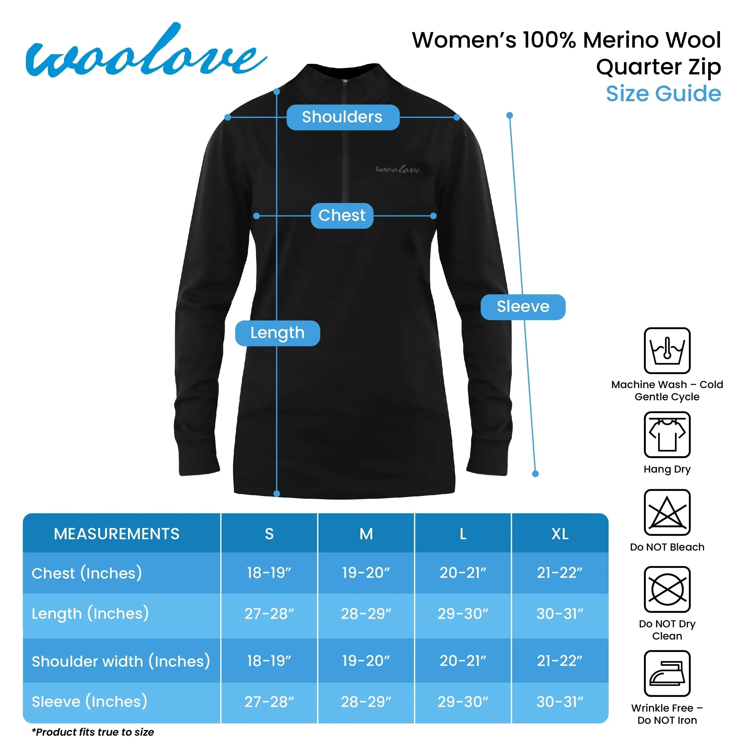Women's 100% Merino wool quarter zip pullover size guide with measurement chart and care icons.