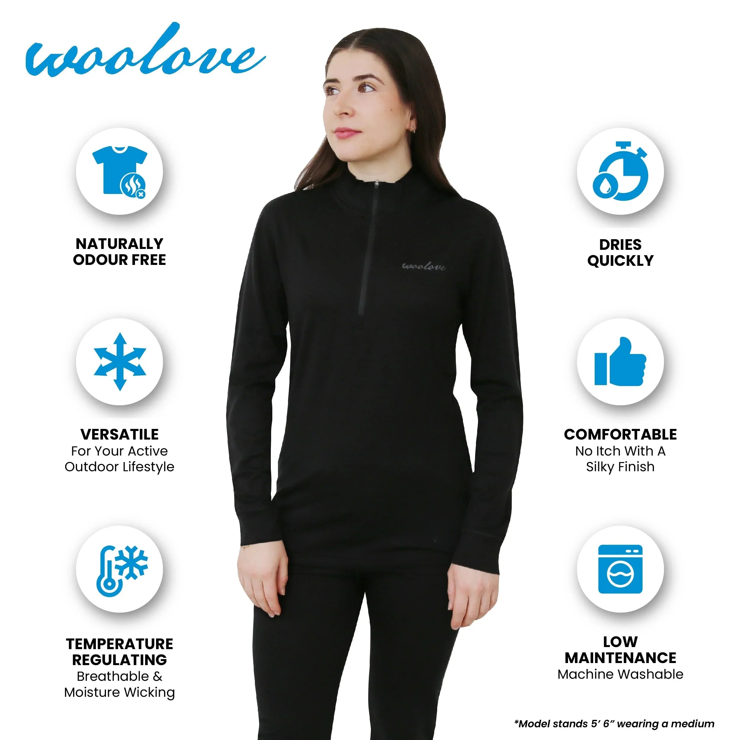 Woman wearing black women's 100% Merino wool 1/4 zip pullover, benefits displayed around her.