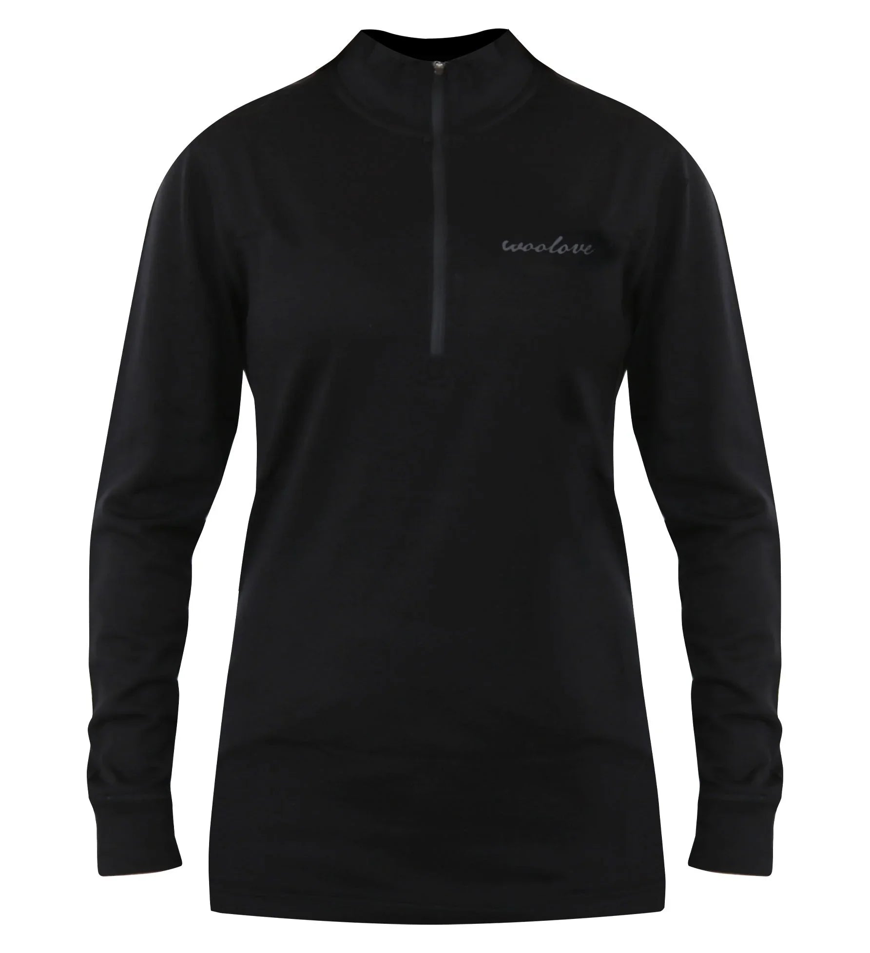 Black women's 100% merino wool quarter-zip pullover with long sleeves