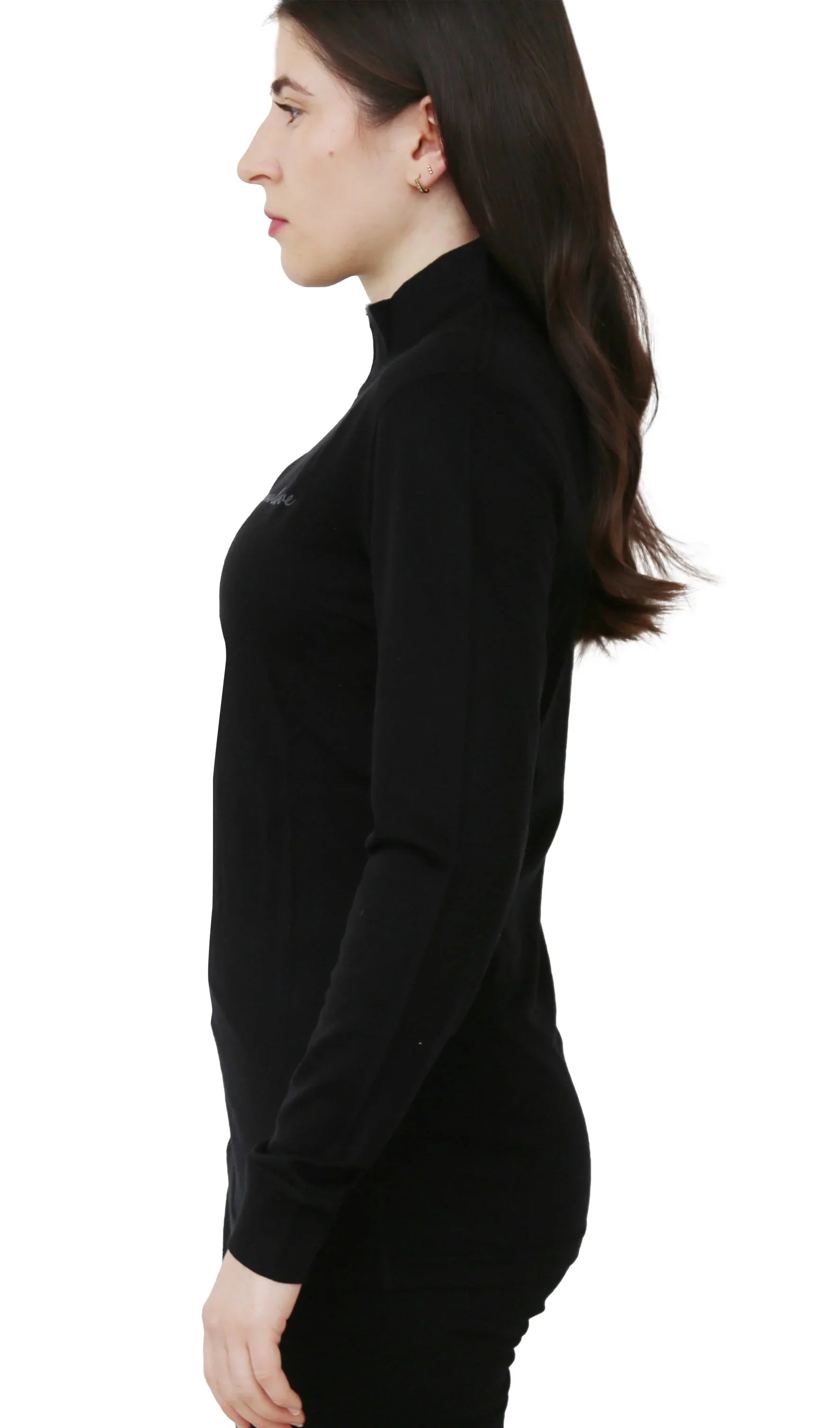 Woman in black 100% merino wool quarter zip pullover, side view on white background