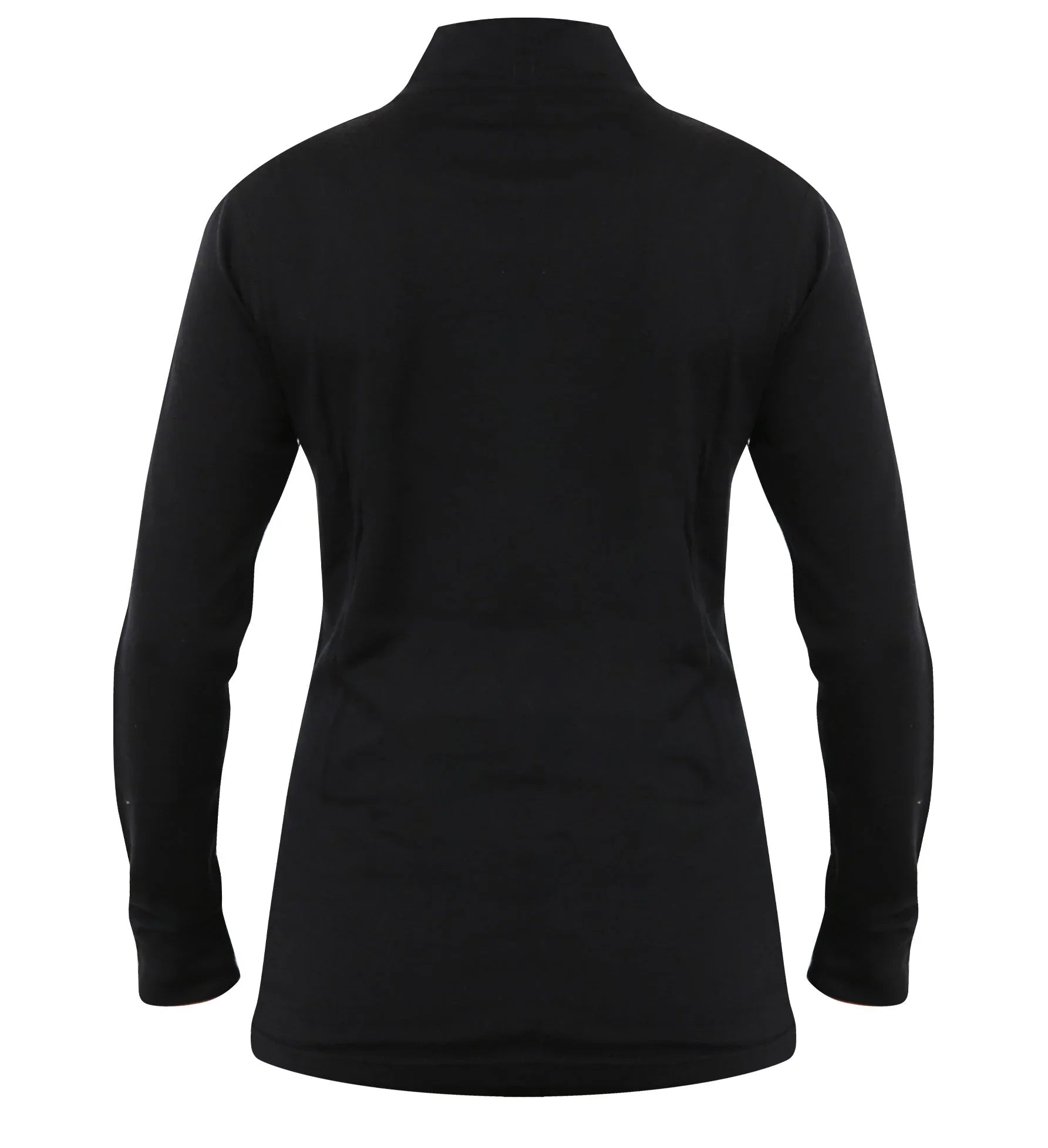 Back view of black women's 100% merino wool long sleeve pullover