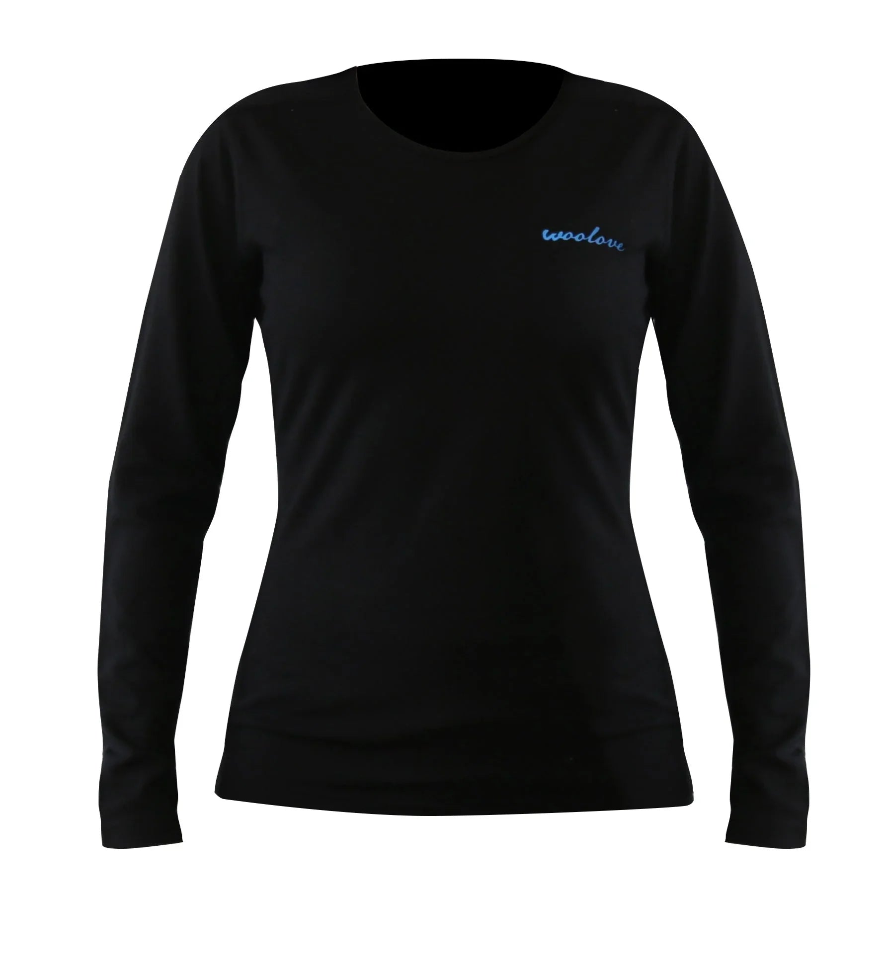 Black women's crew neck long sleeve shirt with Woolove logo on chest