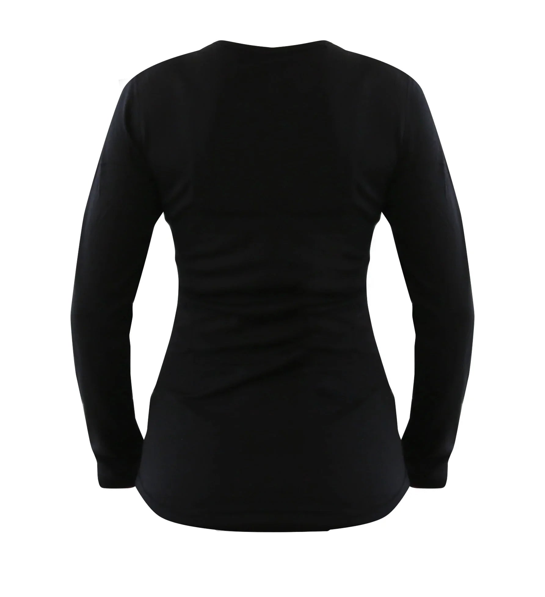 Black women's long sleeve merino wool crew neck shirt, back view, on white background