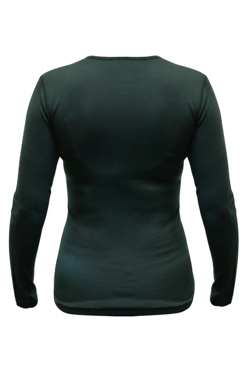 Back view of women's black long sleeve shirt on white background