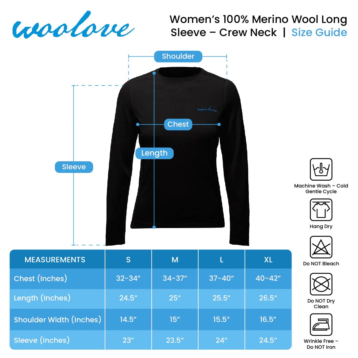 Women's merino wool long sleeve size guide with measurement chart and washing icons