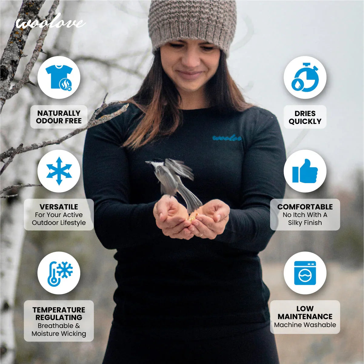 Woman outdoors wearing black long sleeve shirt feeding bird, showcasing shirt benefits.