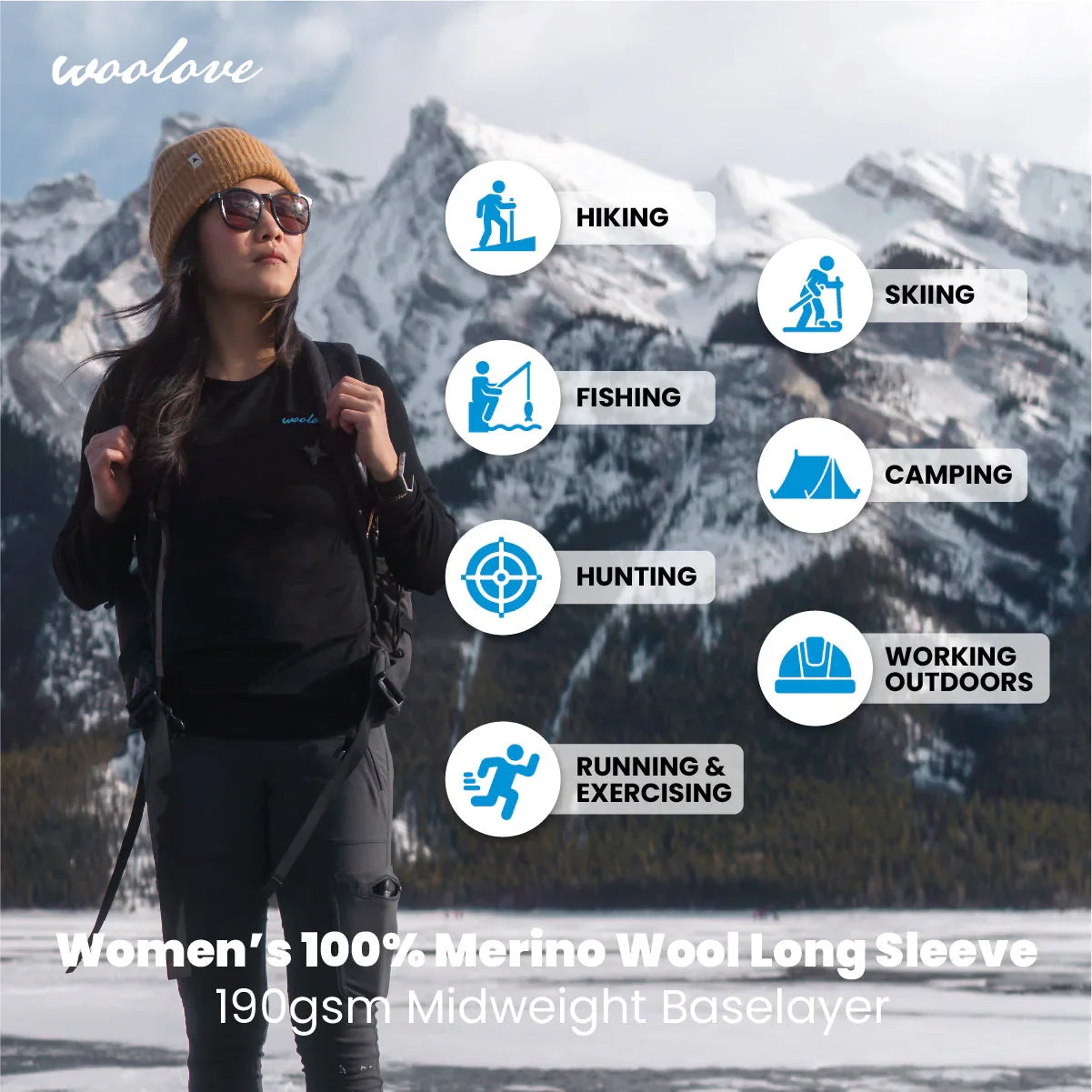 Woman in merino wool long sleeve hiking in snowy mountains, outdoor activities icons visible