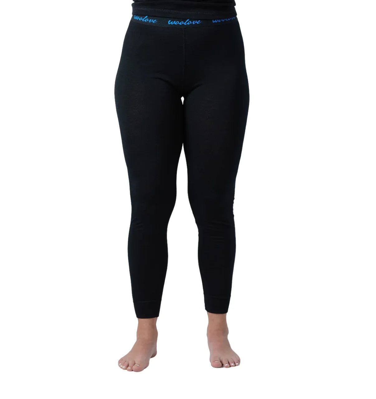 Front view of black women's merino wool leggings with blue Woolove waistband on white background