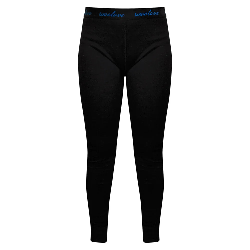 Black women's leggings with blue woolove waistband on white background