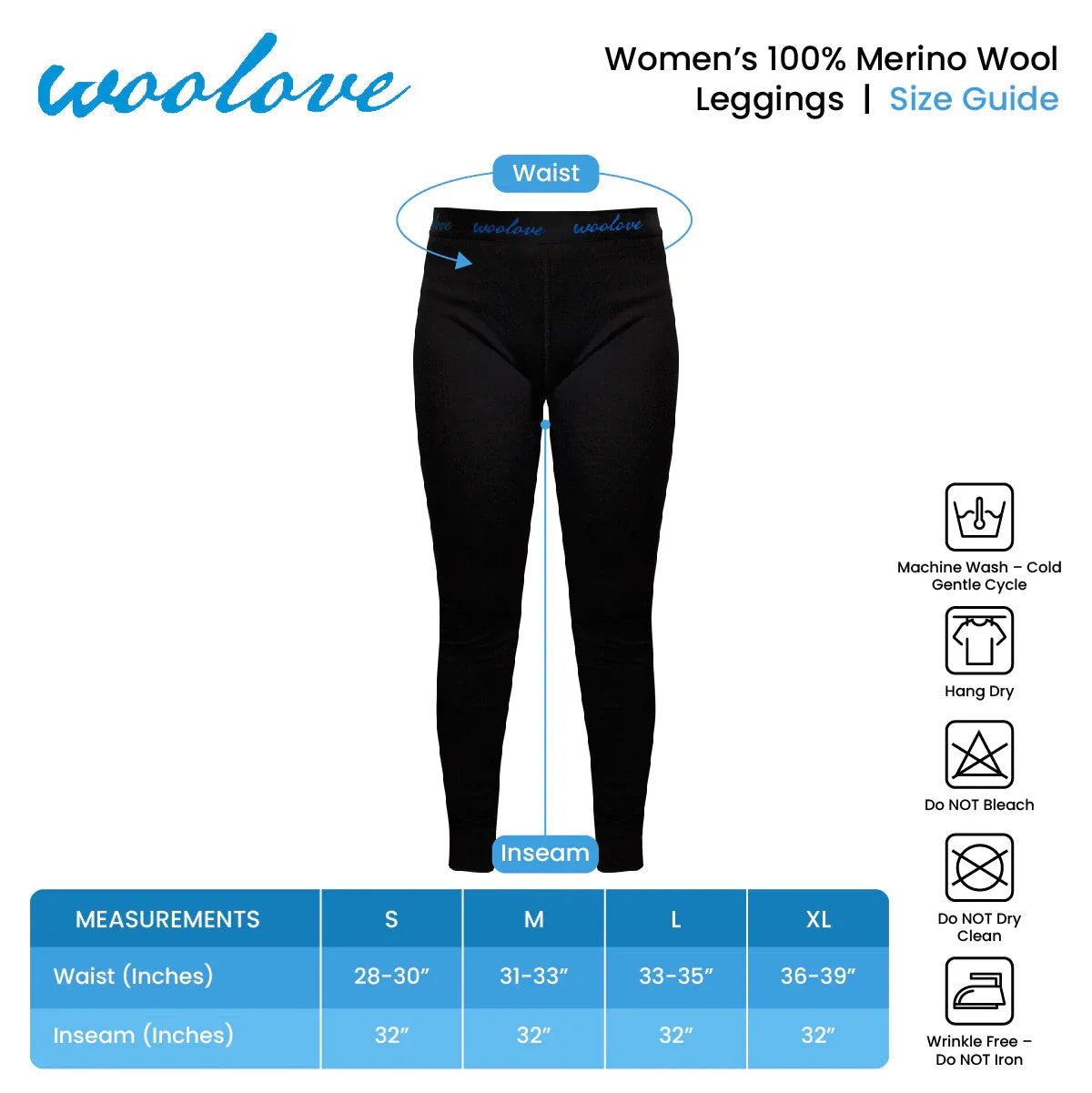 Women's 100% merino wool leggings size guide chart with washing instructions.