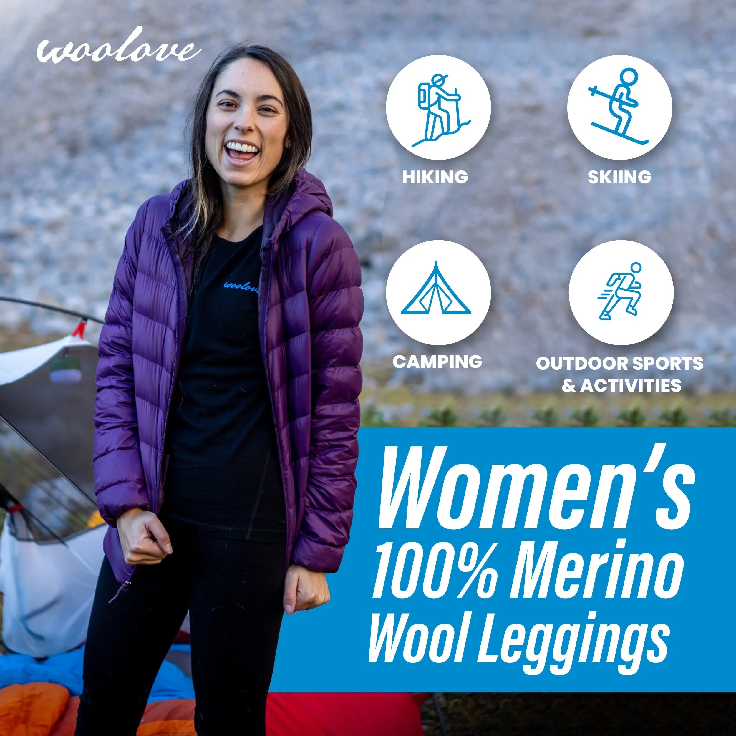 Woman outdoors in purple jacket promoting Woolove women's merino wool leggings for camping, hiking, skiing and outdoor sports.