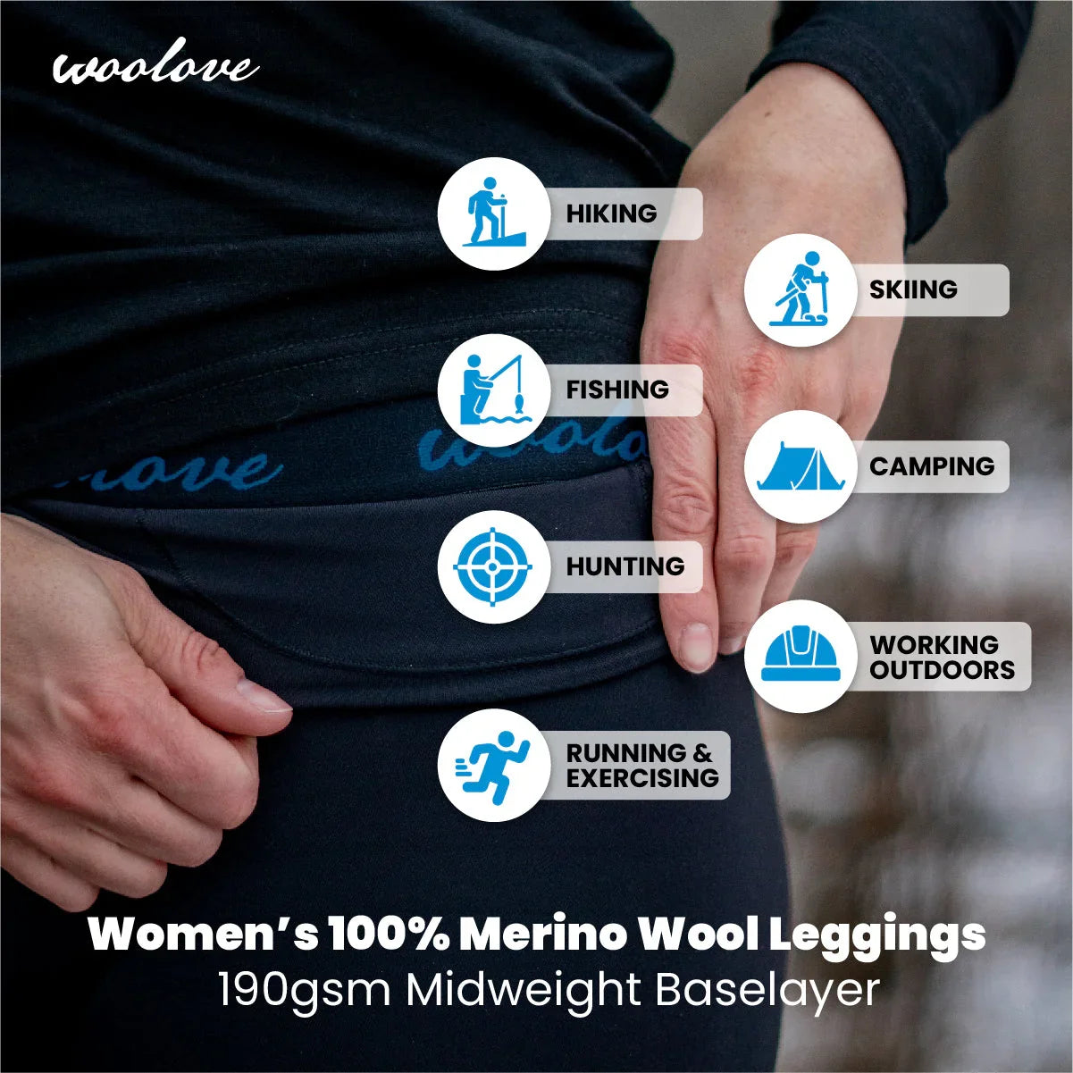 Woman wearing black merino wool leggings for hiking, fishing, skiing, and outdoor activities.