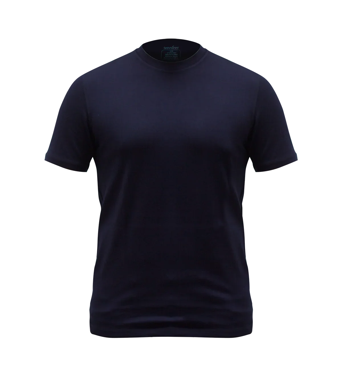 Women's navy blue short sleeve merino wool t-shirt, front view, plain background