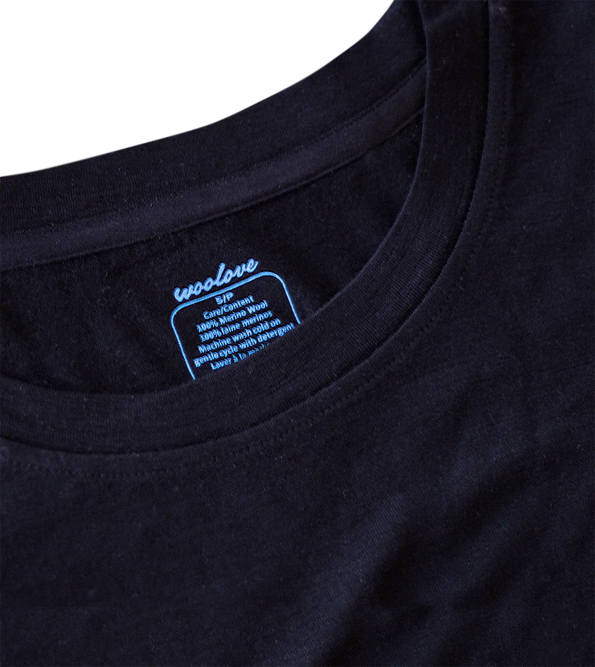 Woolove women's navy merino wool t-shirt collar with printed care label