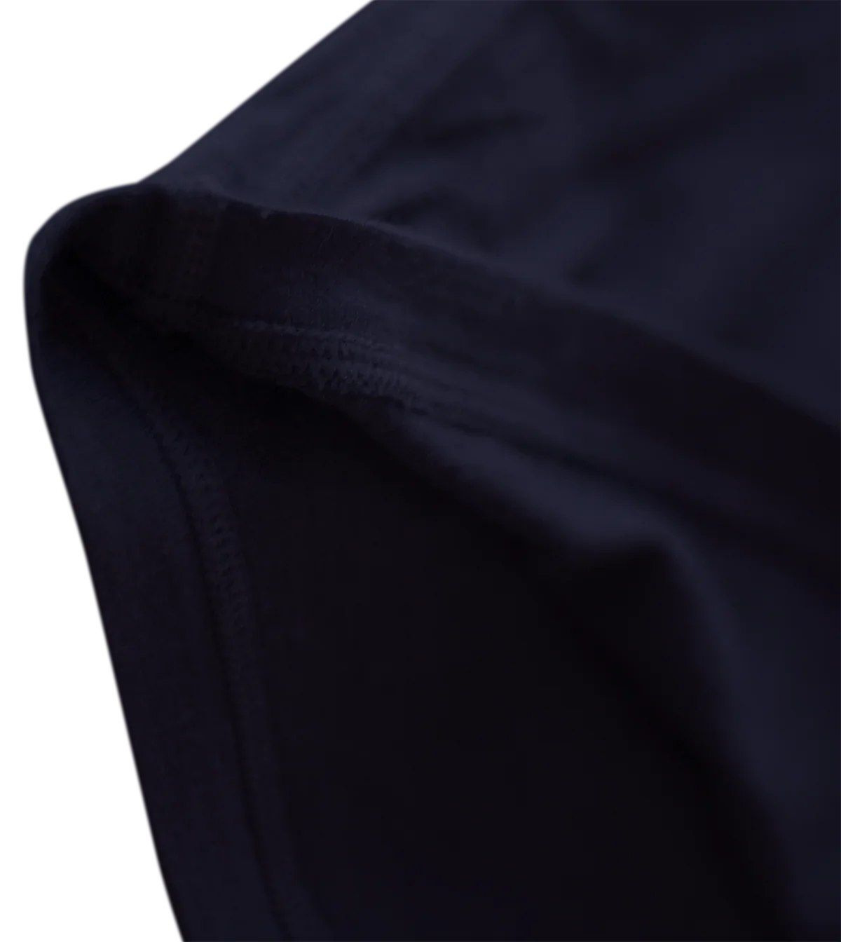 Close-up of navy women's merino wool tee shirt seam details