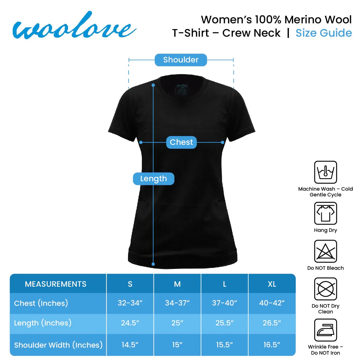 Women's merino wool t-shirt size guide with measurement chart and care symbols.