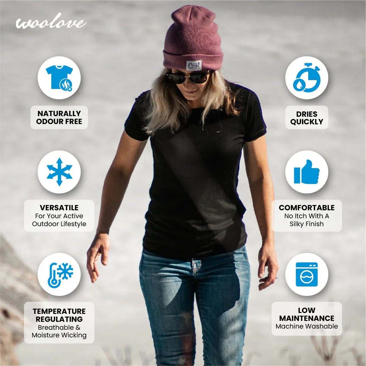 Woman outdoors in black wool t-shirt, beanie, sunglasses; t-shirt benefits listed around her