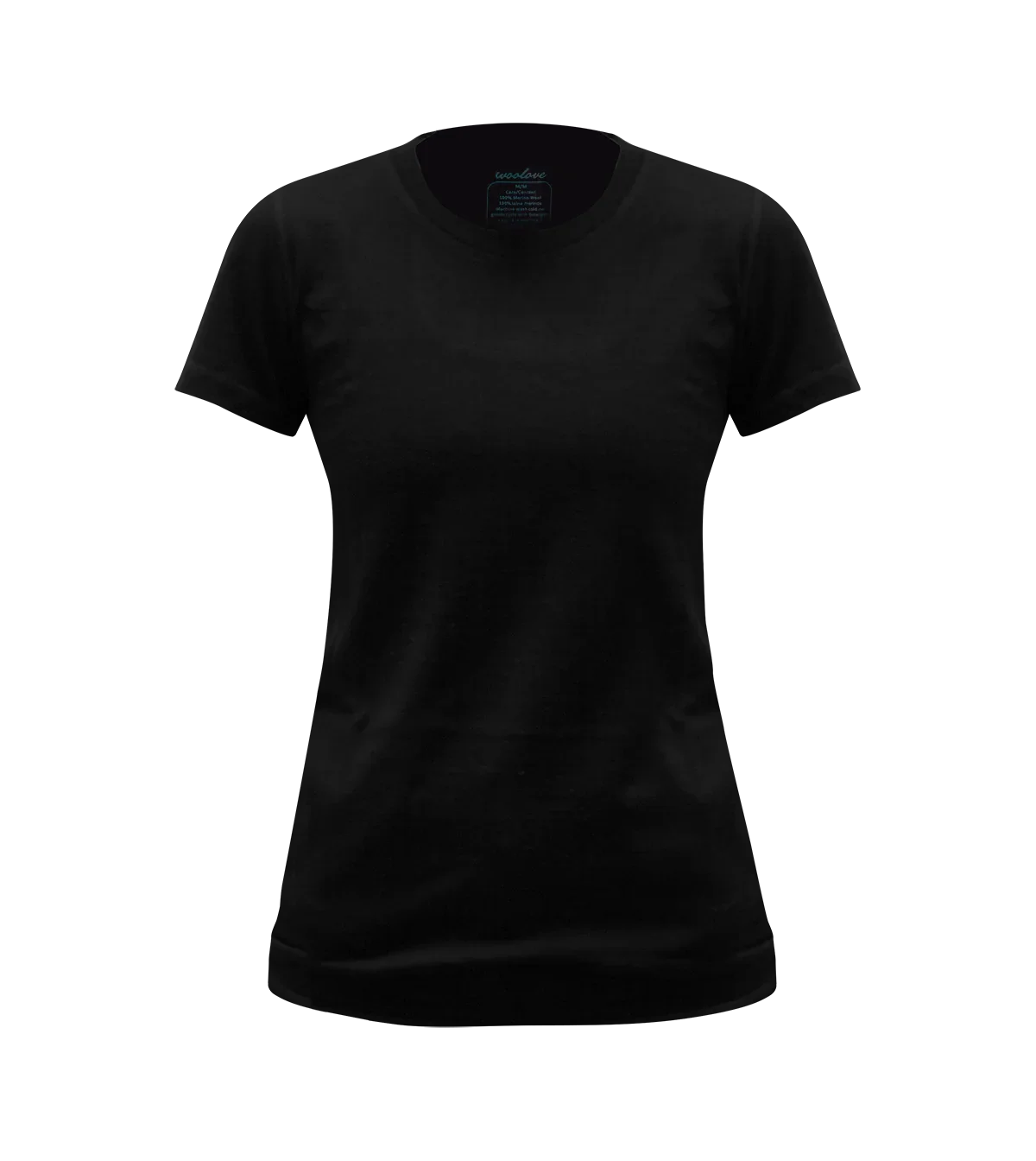 Woolove women's black crew neck short sleeve t-shirt on white background