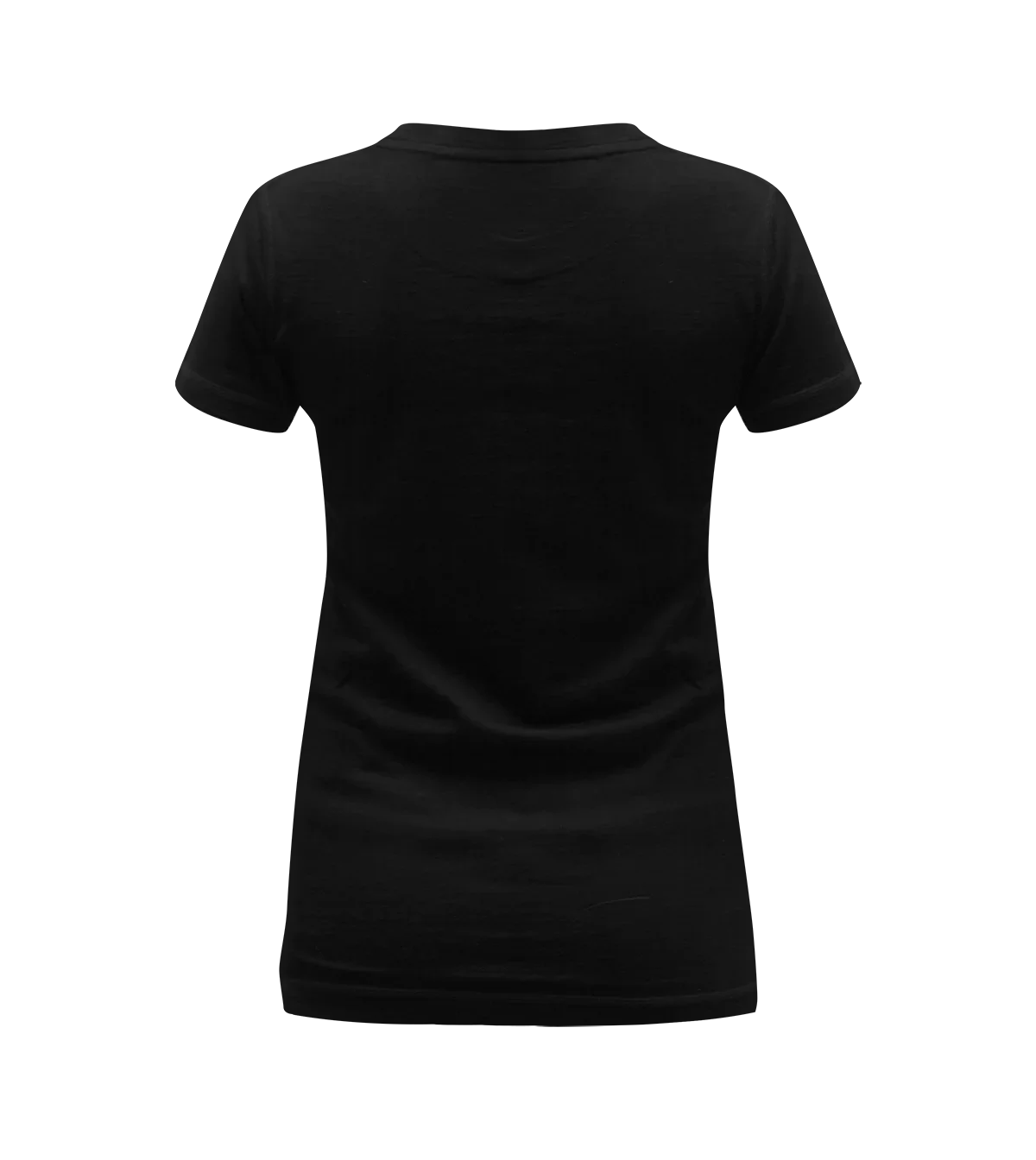Back view of women's black merino wool t-shirt, short sleeves, plain design