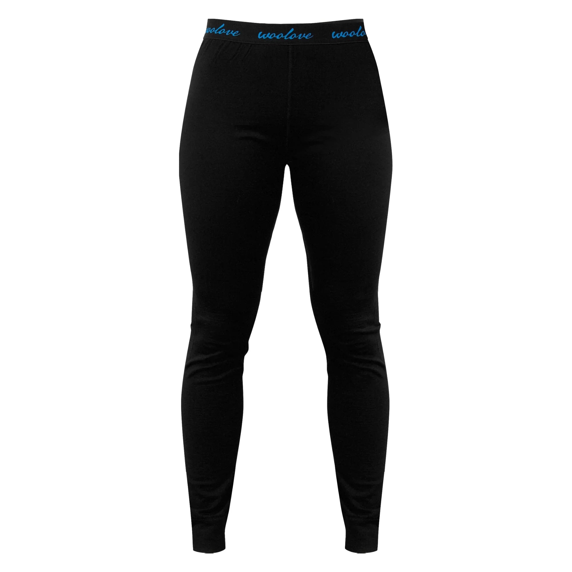 Women's black merino wool leggings with blue Woolove waistband on white background