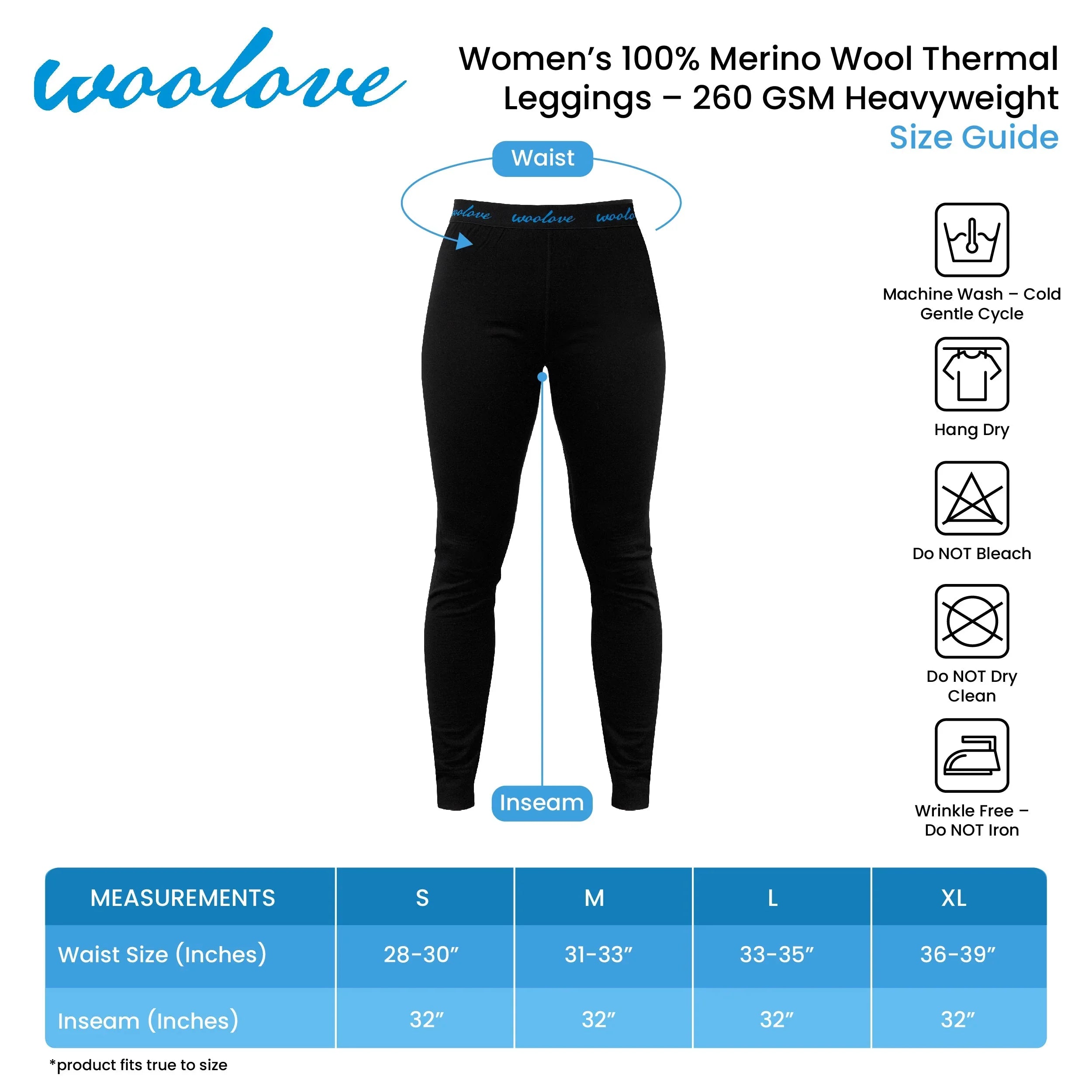 Woolove women's 100% Merino wool thermal leggings size guide with waist and inseam measurements.